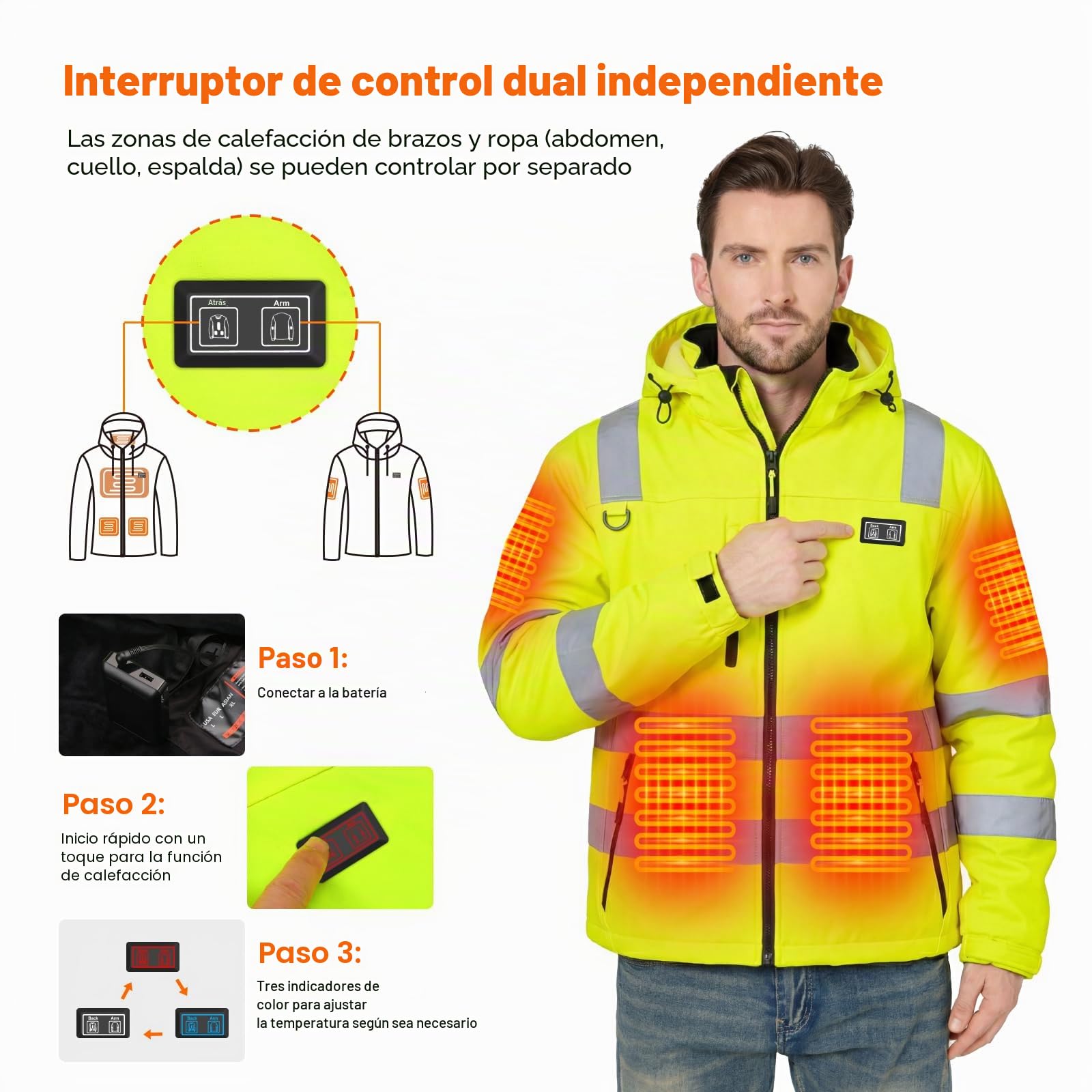 Chaqueta Polar Alta Visibilidad Calentada 4 en 1 para Hombre, Chaqueta de Soldadura Ligera - Batería de 16000 mAh Chaqueta Softshell de Advertencia con 6 Zonas de Calefacción incl Reflectores