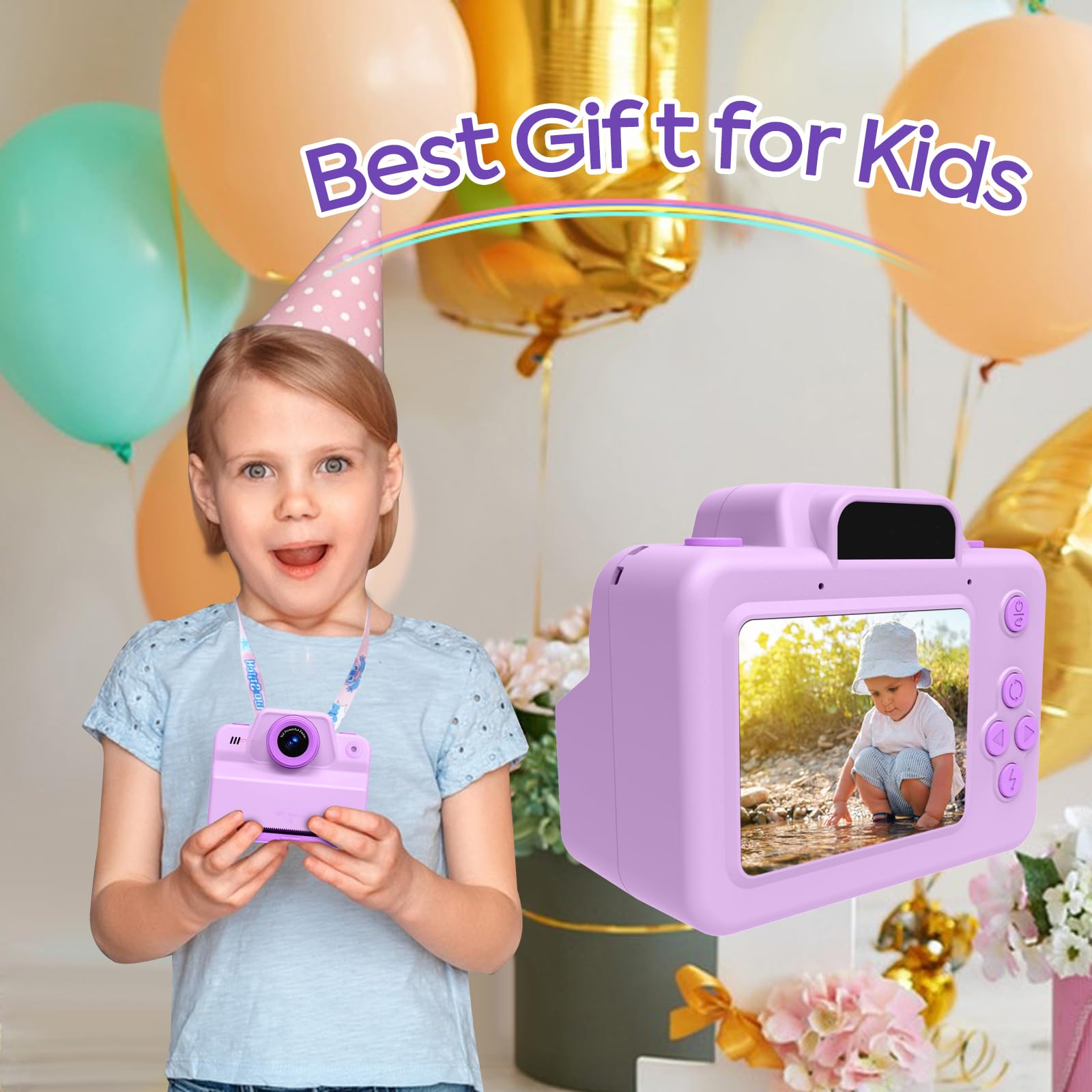Kinder Kamera, Sofortbildkamera 2,4 Zoll Digitalkamera Kinder Fotoapparat mit Druckpapier, Geschenke für Mädchen Jungen 3-12 Jahre, VideoKamera Fotokamera Sofortbilder Weihnachten Spielzeug (Lila)