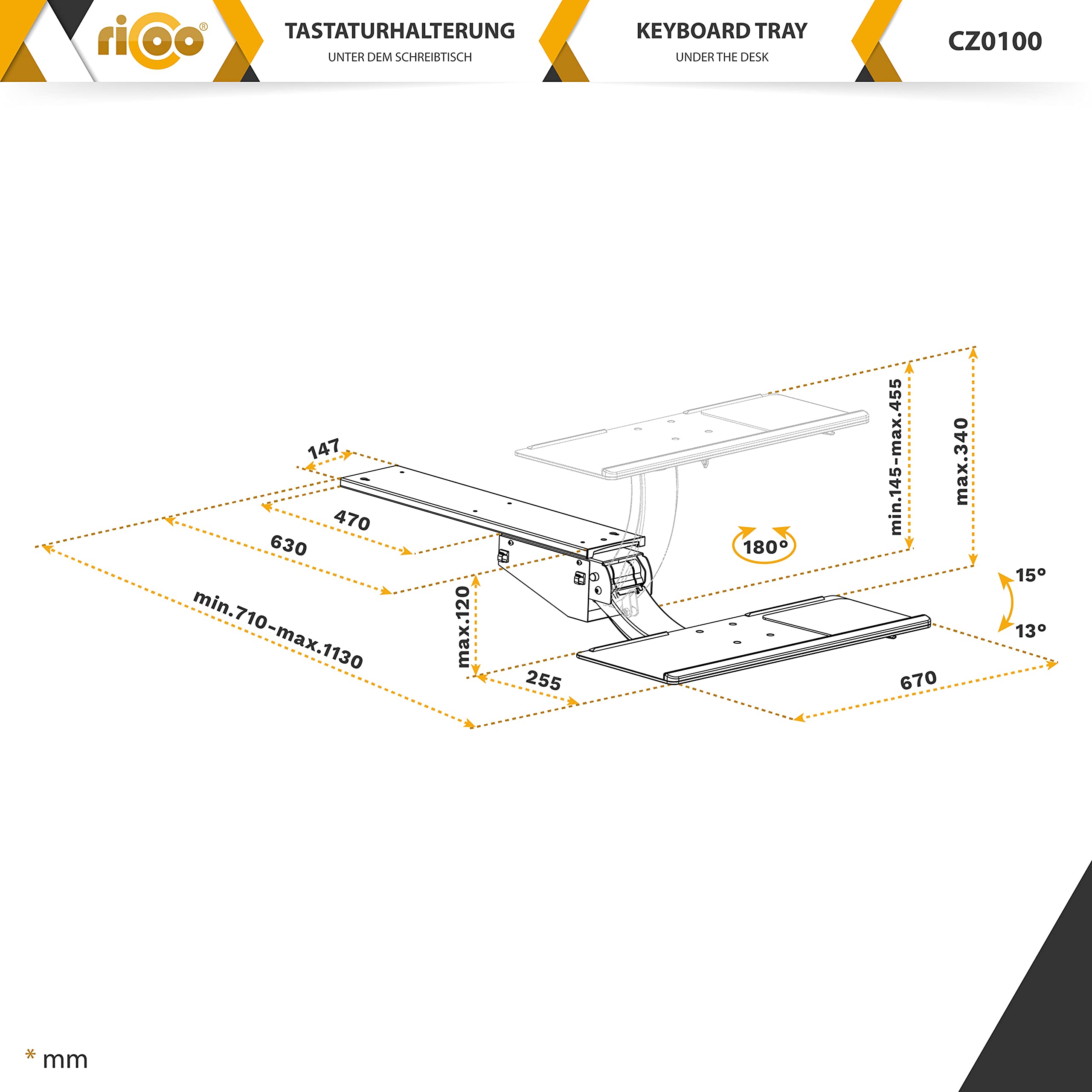 RICOO Tastaturschublade Ergonomisch Universal Unter Schreibtisch Ausziehbar Schwenkbar Neigbar Tastatureinschub PC Tastaturauszug Auflage CZ0100 Halterung Tischmontage Computer Tastatur Ablage