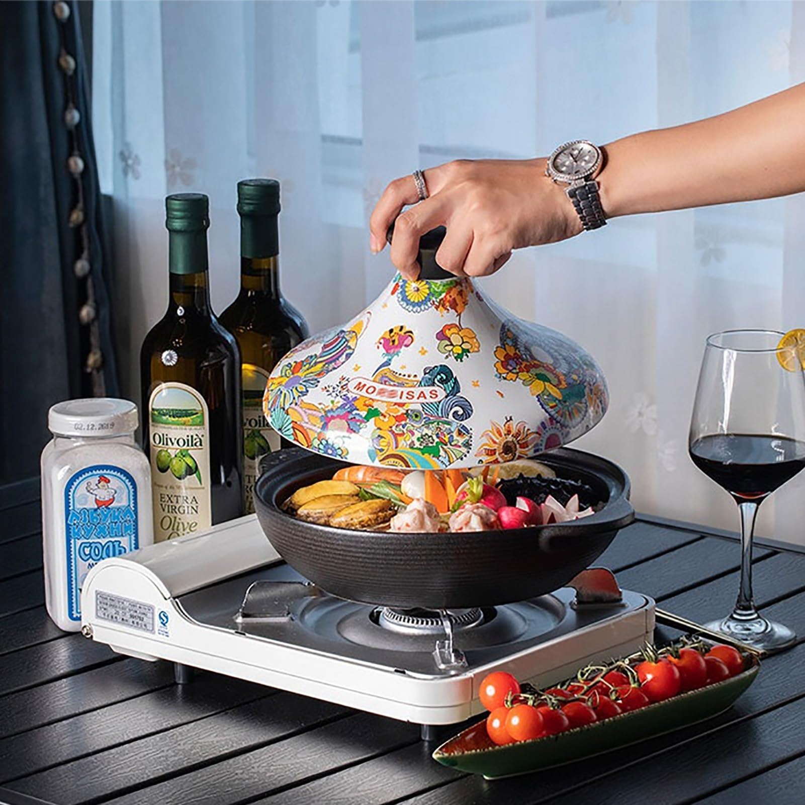 Bedruckter Tajine Topf Langlebiger Keramik- Tagine Marokko Mit Konischem Deckel, Auflaufform Zum Köcheln Von Eintöpfen, Currys, Kochen