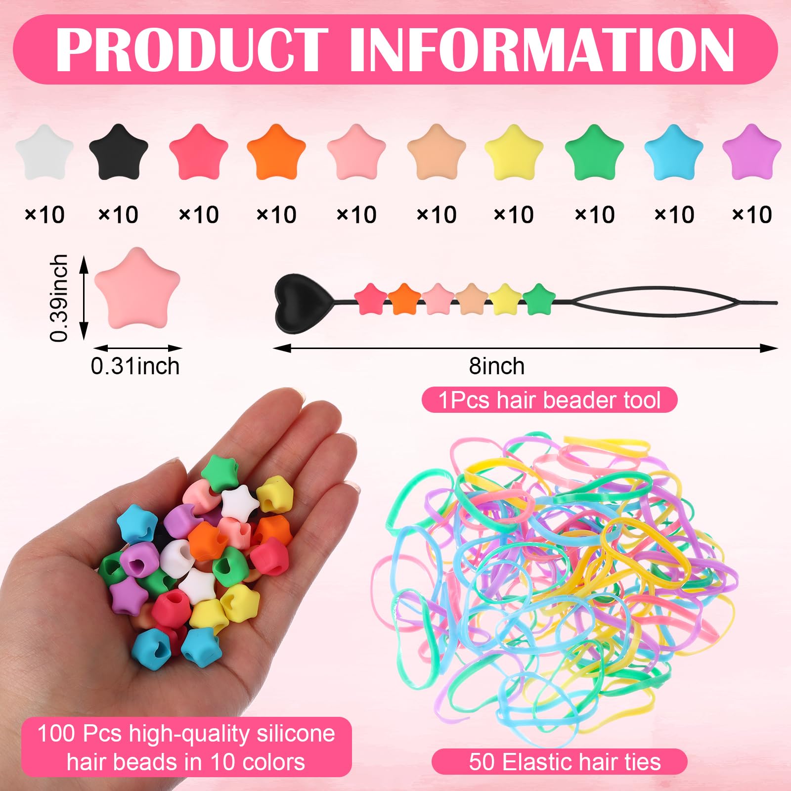 Silicone Hair Beads Kit 100 Pcs Star-Shaped Rubber Beads for Braids with Colorful Hair Elastics,Beading Needle,Clear Box,Hair Beads for Women, Girls, DIY Hair Styling Accessories