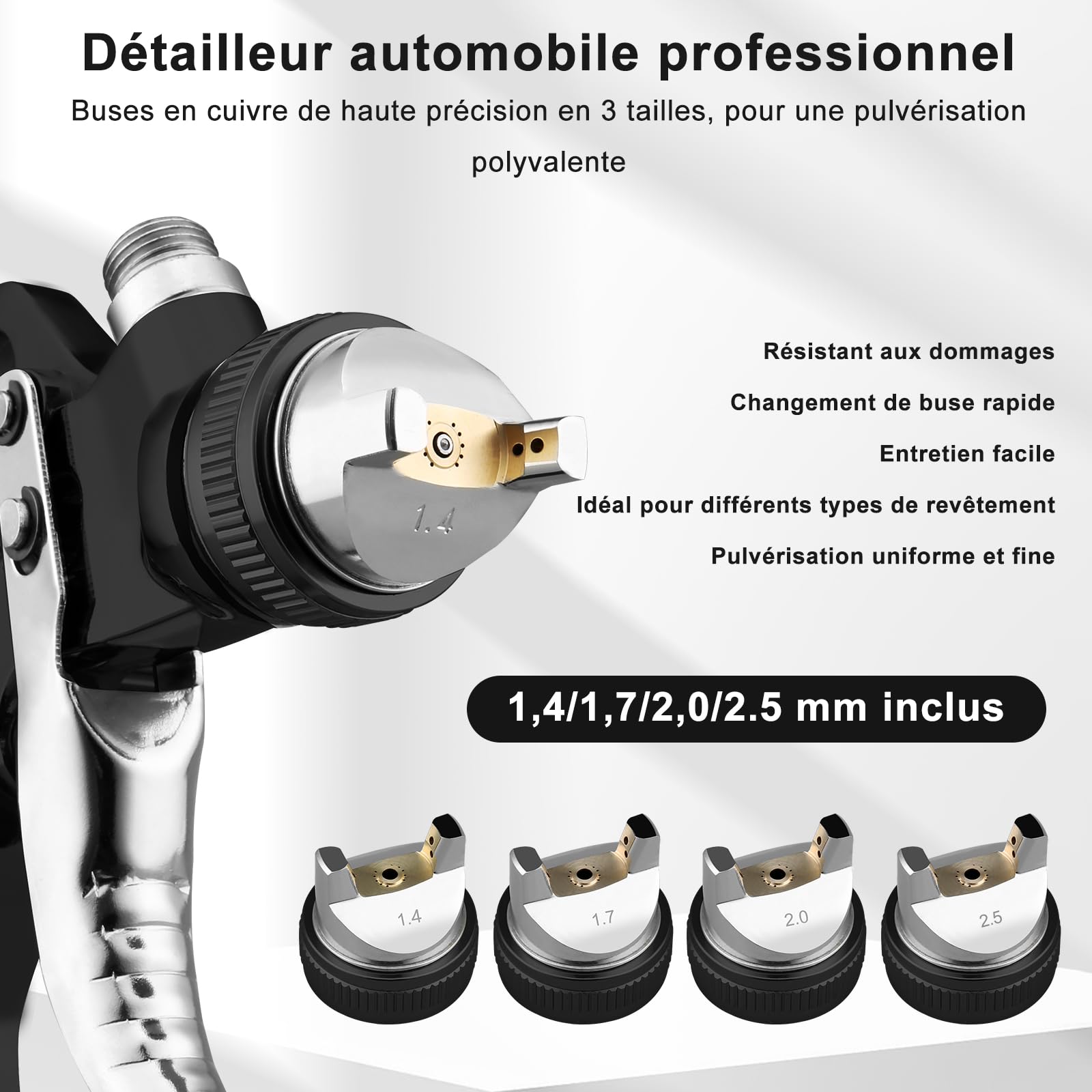 HVLP Professionnel Pistolet à Peinture avec 10 gobelets jetables de 650 ML, Pistolet Peinture Air Comprimé 3 Buses 1,4/1,7/2,0/2.5mm et Accessoires, HVLP Meubles Voiture de réparation