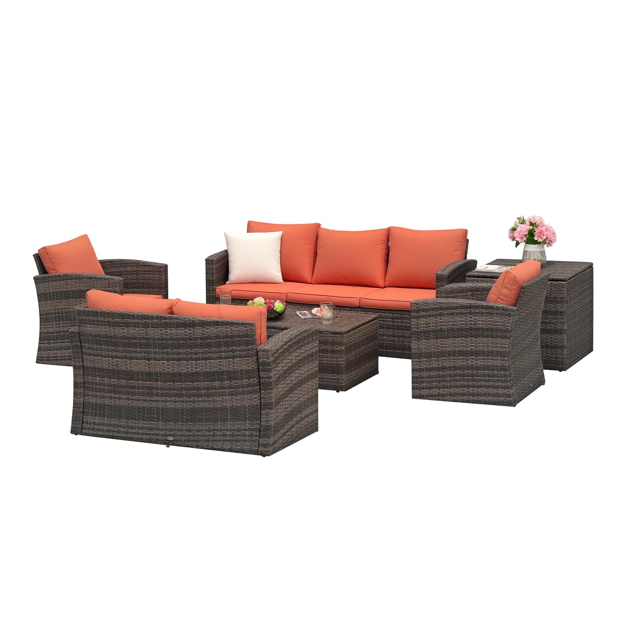 Outsunny Set Mobili da Giardino 6 Pezzi in Rattan, Salotto da Giardino con 2 Tavolini Contenitore, Divani e 2 Poltrone Imbottiti per 7 Persone, Marrone