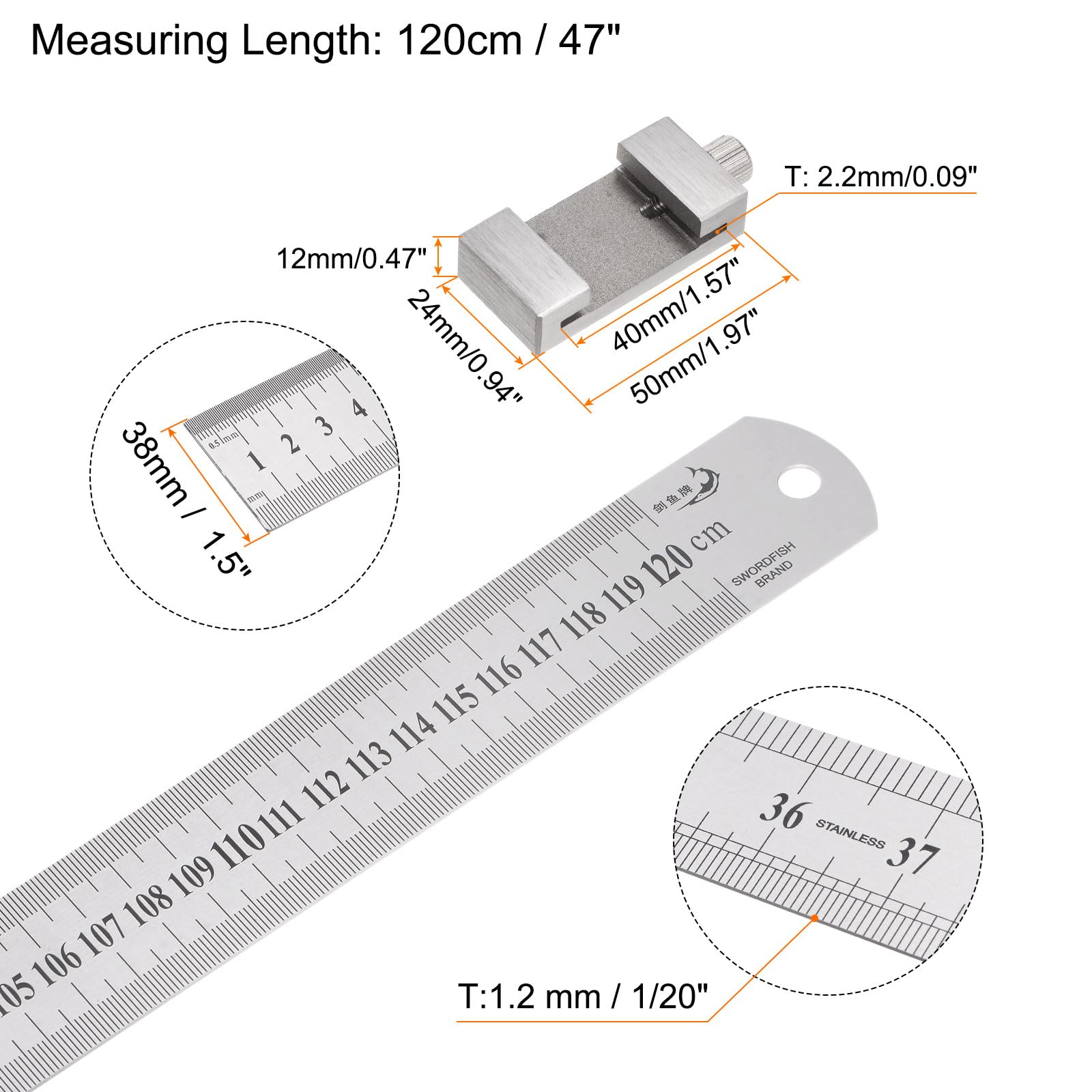 HARFINGTON Regla de acero inoxidable 2 en 1 con bloque de escritura de 120 cm, regla de metal métrica y en pulgadas con 40 mm de longitud, deslizador Vernier de localización de latón para carpintería,