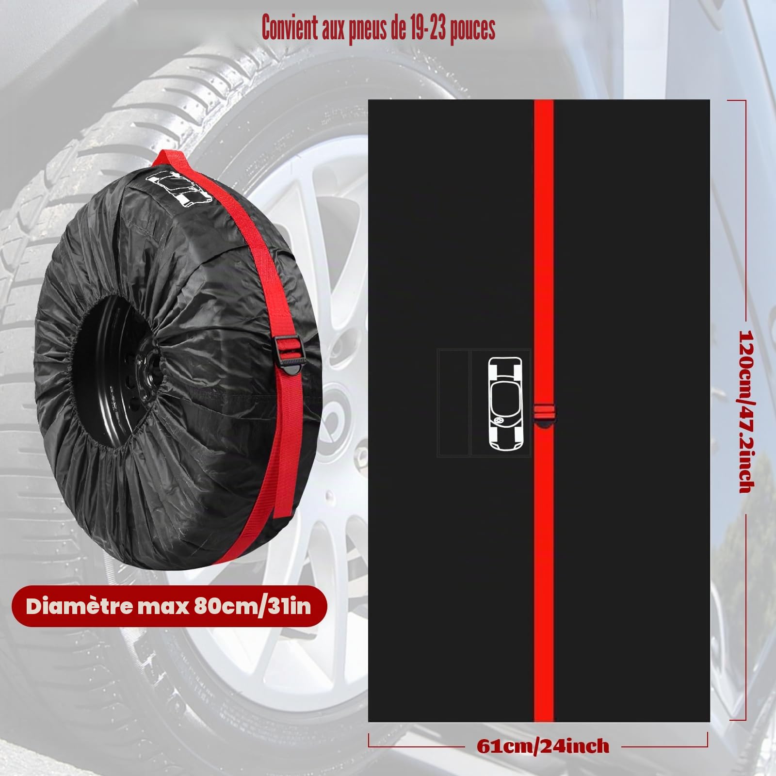 Lot de 4 Housses de Pneus de Secours de Voitur 18-22 In, Housse Roue de Secours de Rechange Universelle, Imperméable, Anti Poussière Neige, Housses de Protection de Roue Voiture avec poignée renforcée