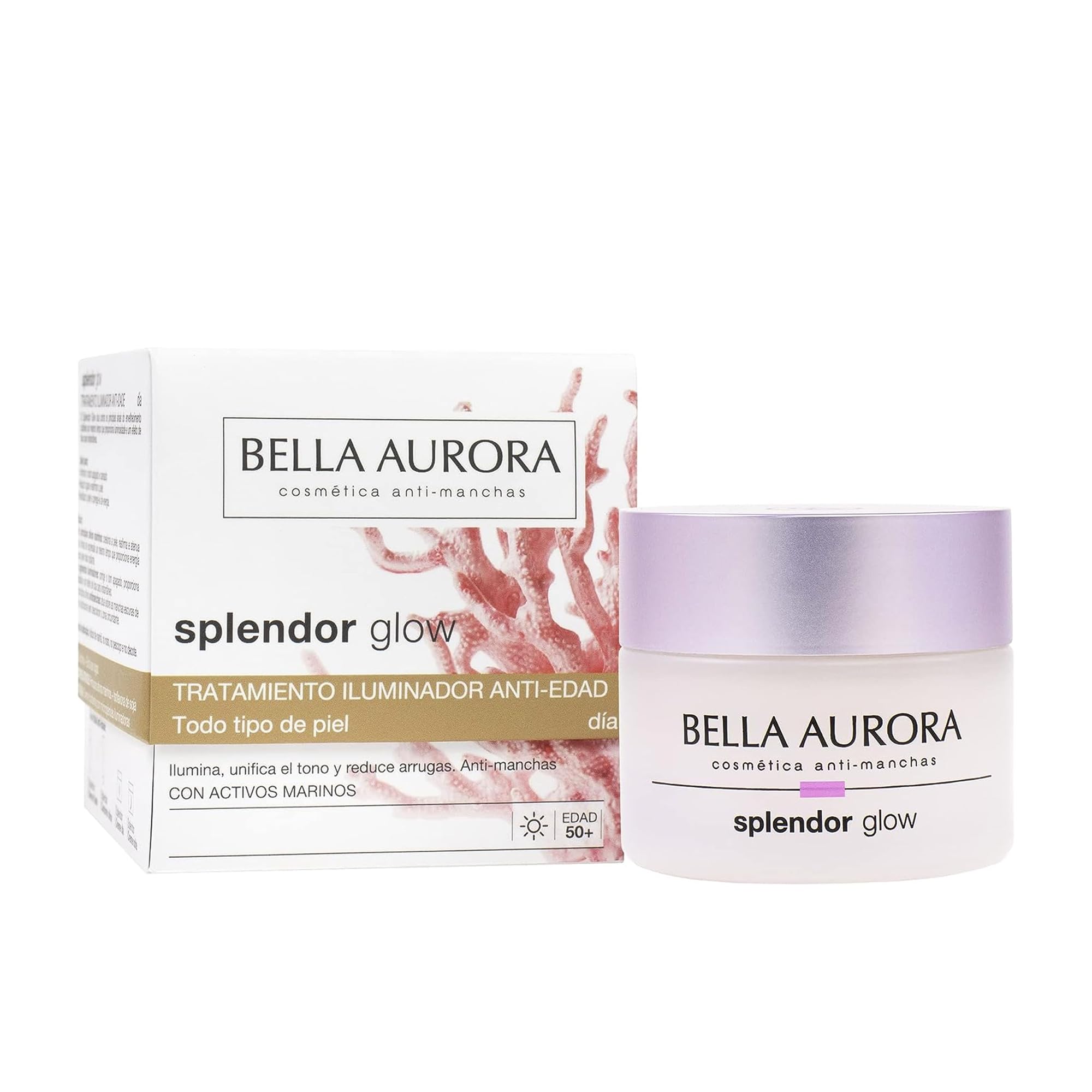 BELLA AURORA Crema Iluminadora Facial Antiedad, Antiarrugas y Antimanchas, Sérum Revitalizante Facial, Reduce las Arrugas, Splendor Glow Día 50 ml, Blanco