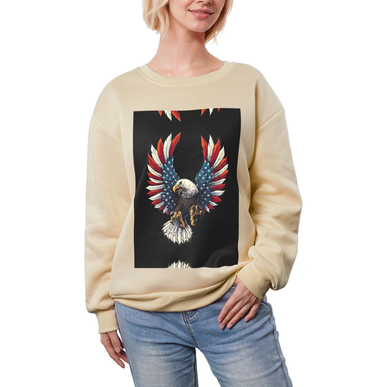 American Eagle Flag Print Super Warm Casual Crew Neck Pullover, Women'S Long Sleeve Heavy Sweatshirt Winter Tops
