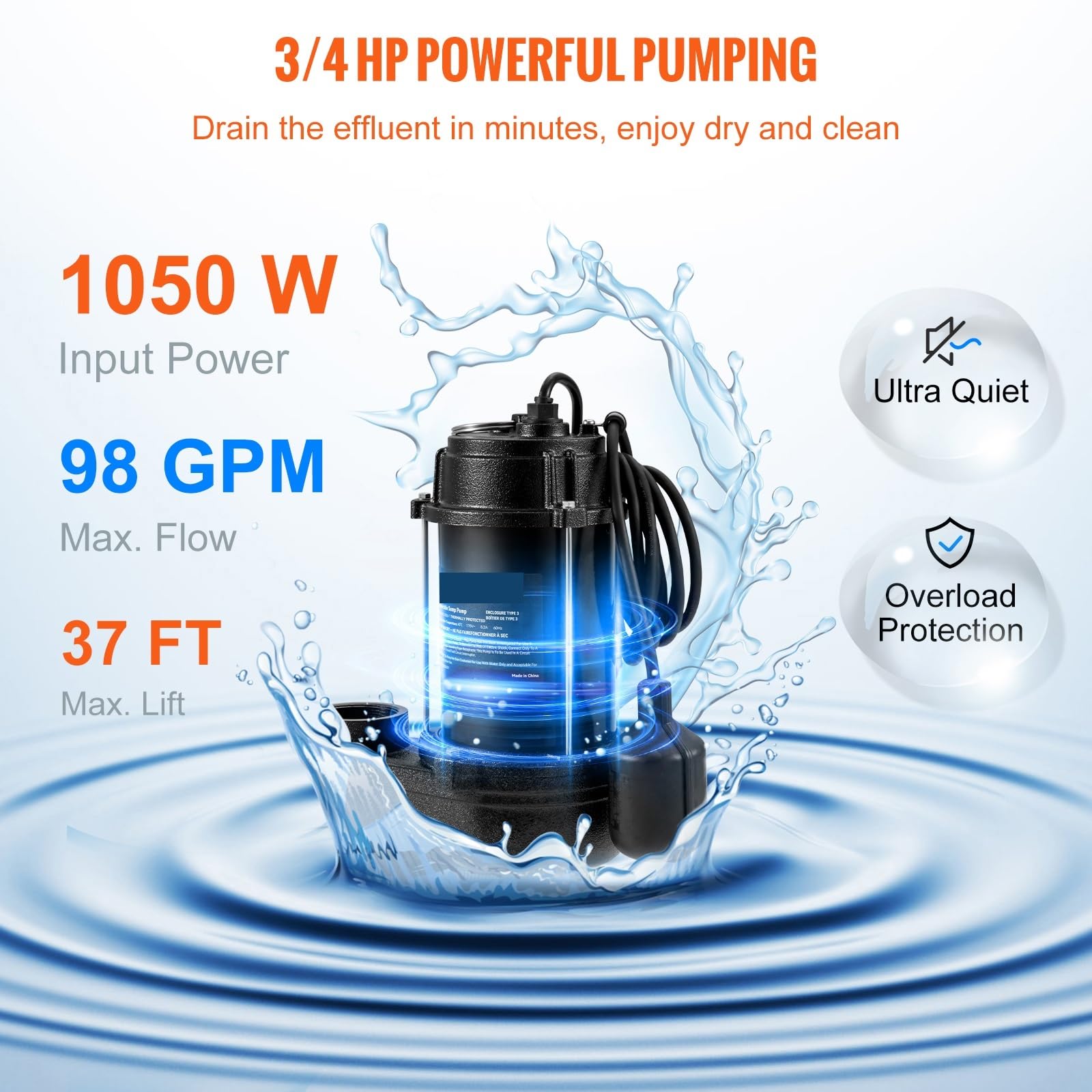 Llenado por Peso Bomba sumergible for aguas residuales de 3/4", 5880 GPH, 1050 W, hierro fundido, con interruptor flotador 10 pies, for fosas sépticas y sótanos