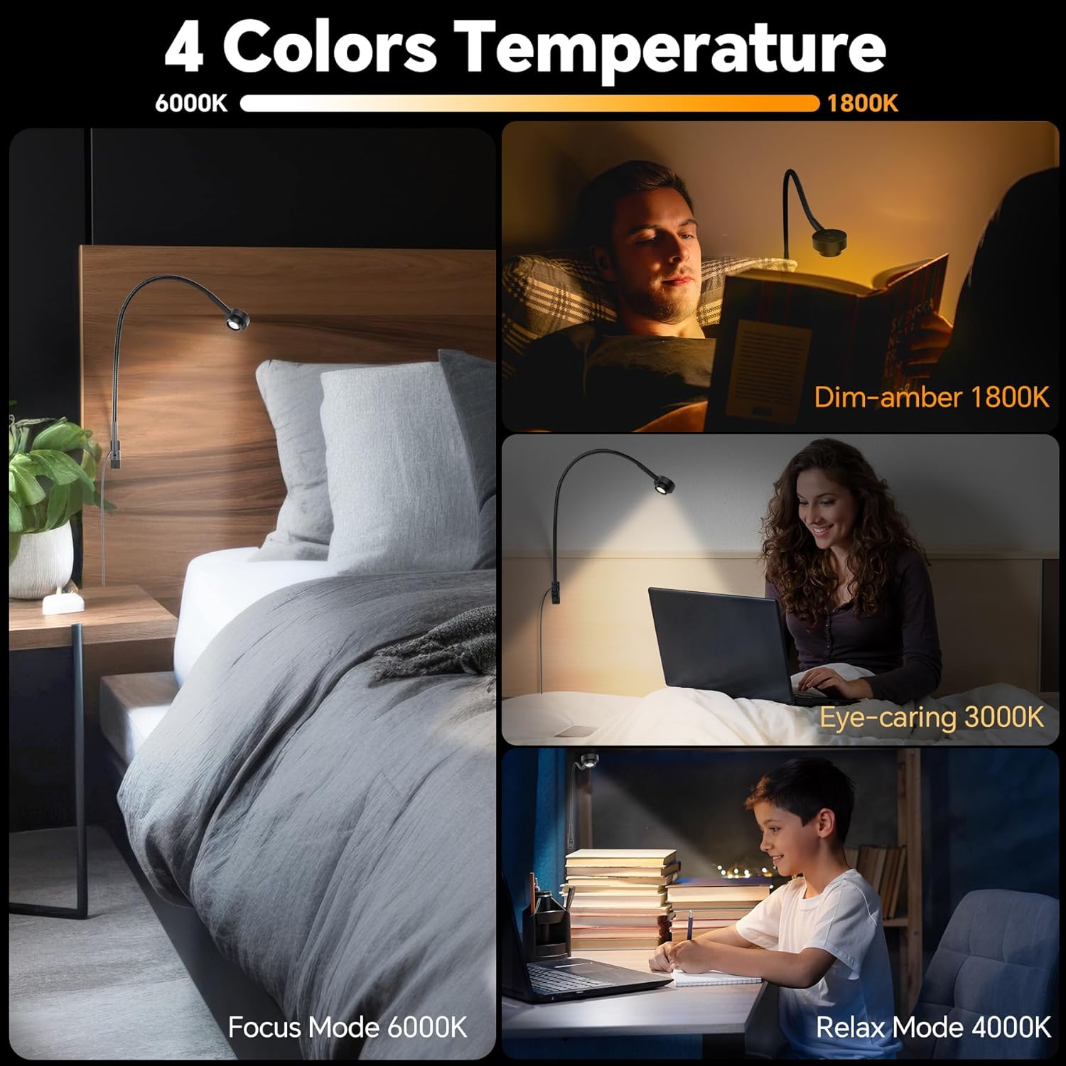 Wall/Headboard Mounted Reading Light, Minimalist Bedside LED Reading Lamp, CRI 95+ Dimmable Book Light, Dual Switches (Brightness & 3 Color Temp), 300° Rotatable Head, USB-C Powered