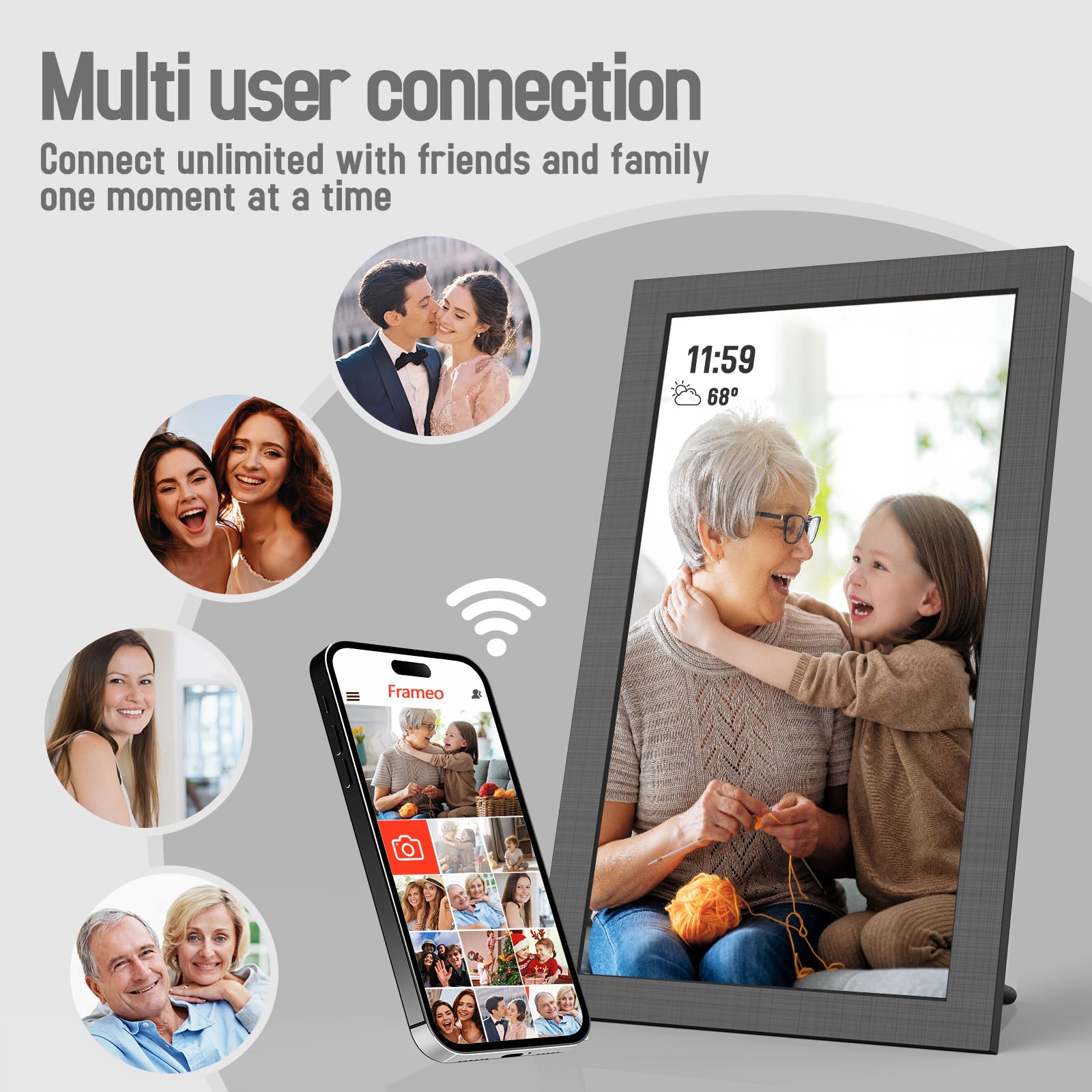 Cadre photo numérique WiFi 15,6" IPS écran tactile HD, clips vidéo et diaporama, rotation automatique, montage mural, envoie des photos instantanément depuis n'importe où avec l'application Frameo