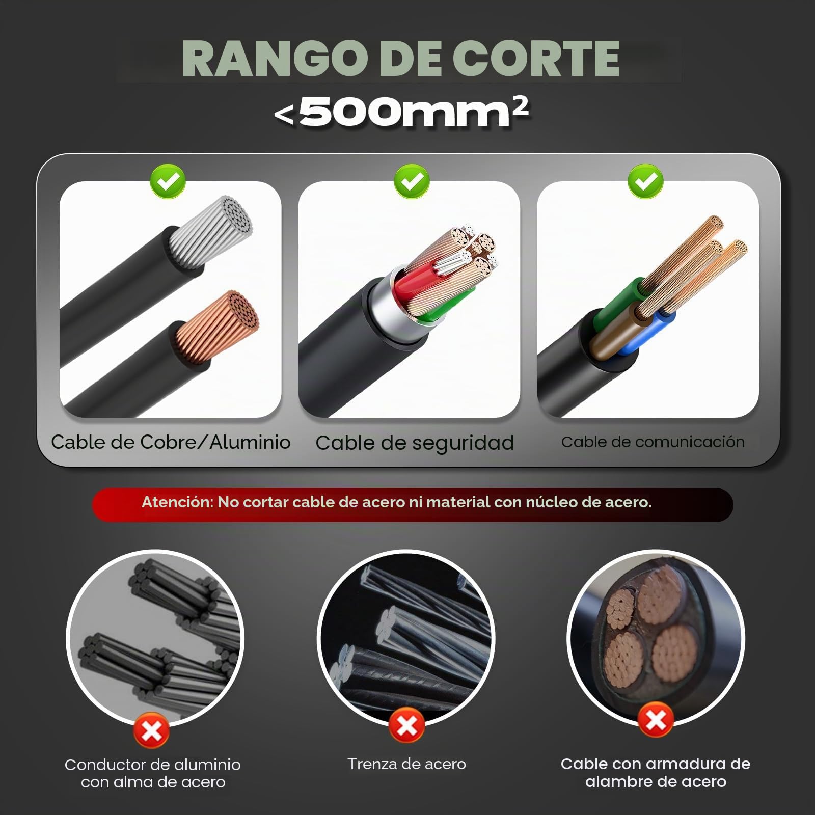 NEWTRY Cortador de cable de trinquete de uso pesado para cortar cables blindados de cobre y aluminio de hasta 500mm², herramienta eficiente para cortar cables (J52)