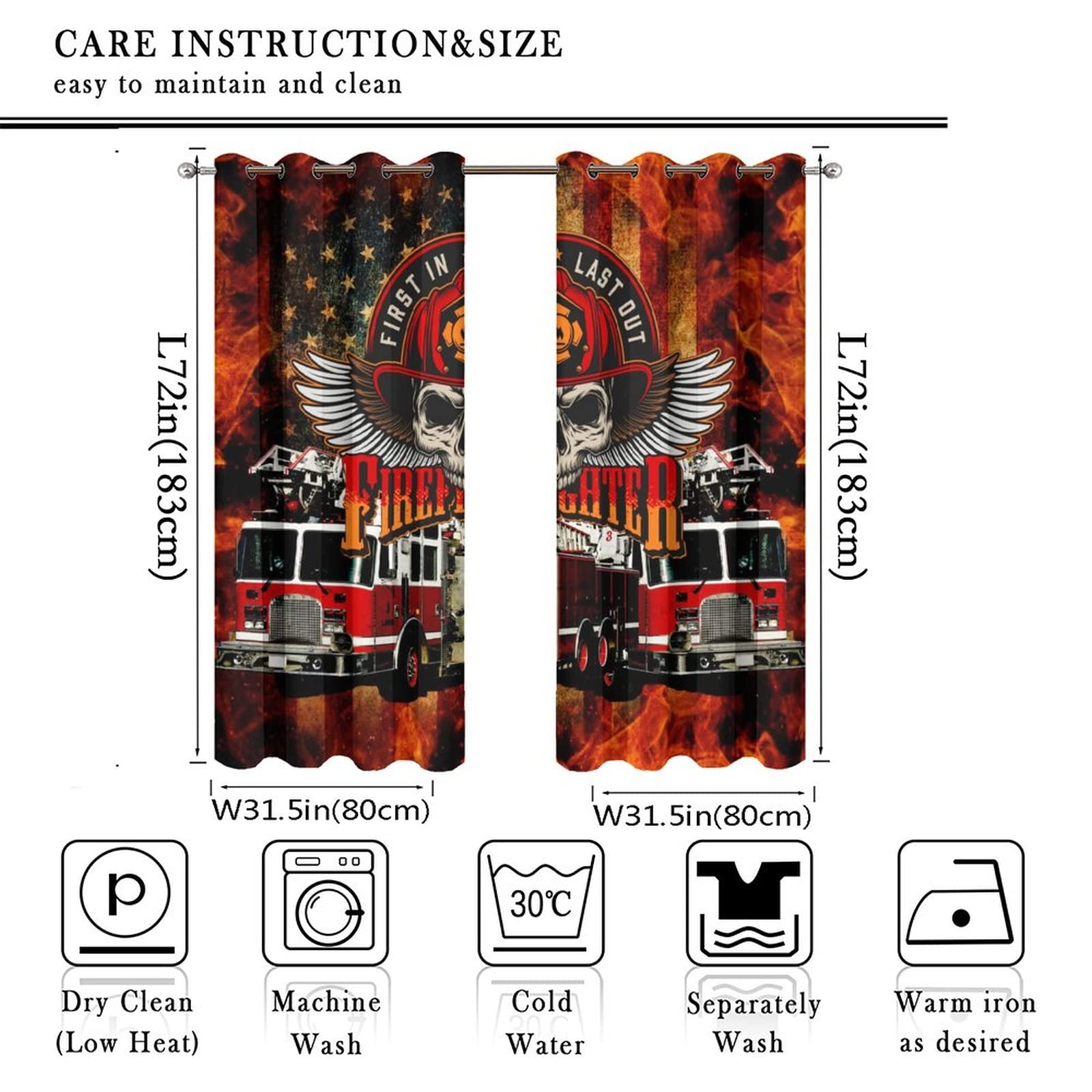 Kazynee Cool Firefighter V Ultra Soft Premier Blackout Curtains,intage Firefighter Truck Fireman American Flag Flame Design Thermal Insulated Bedroom Noise Reducing Grommet Top,2 Panels 72L x 31.5W