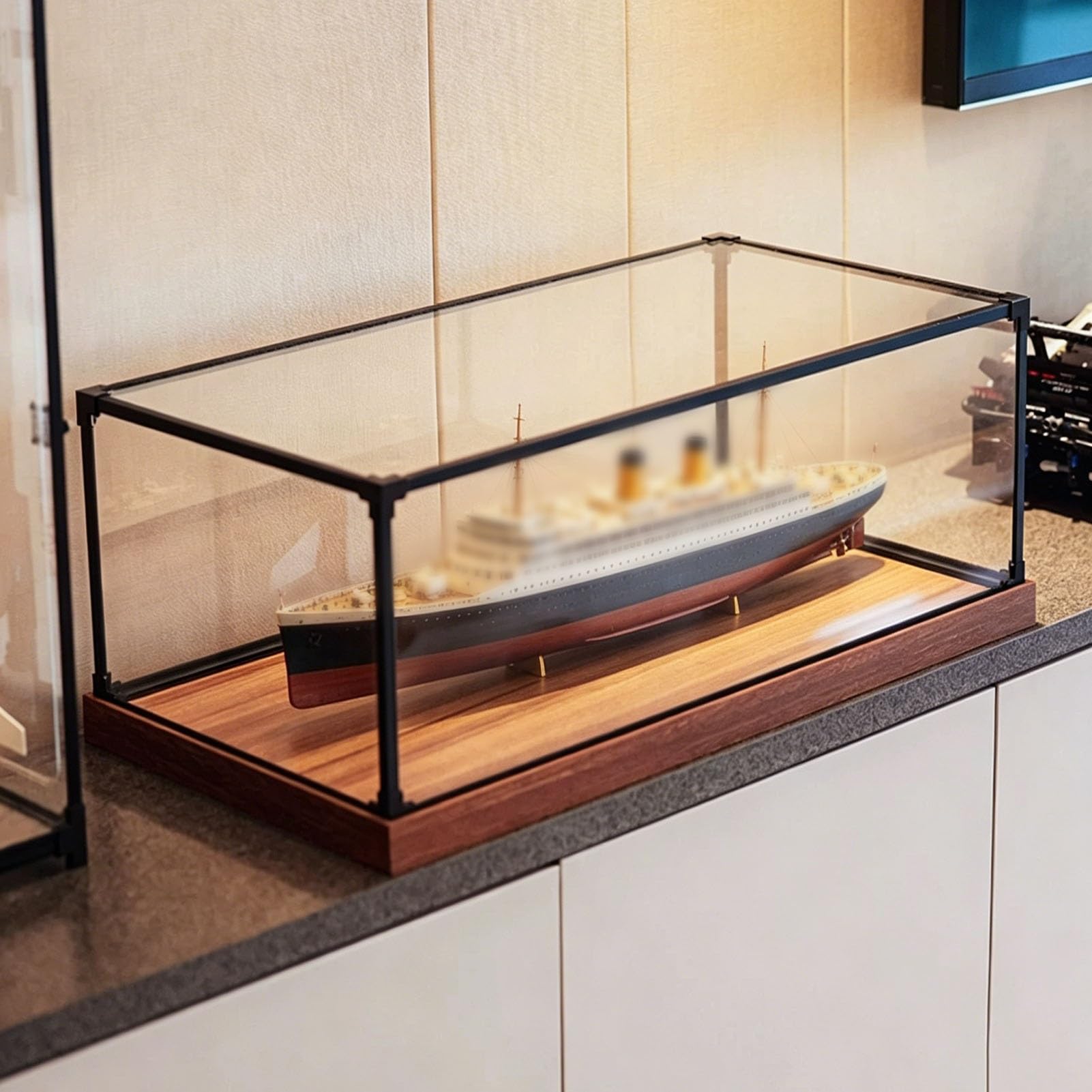 Wide Acrylic Display Box for Collectibles, 6 10 16 24 30 in, Dustproof Acrylic Case with 3 cm Wood Grain Base, Clear Plastic Storage Box with Metal Frame(20x20x20cm/8x8x8in)