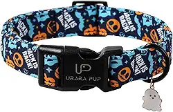 UP URARA PUP Coleira para cães de Halloween – Coleiras para cães fantasma e abóbora 'Jack is Back', coleira assustadora azul escuro, coleiras ajustáveis com estampa de abóbora e esqueleto para cães de