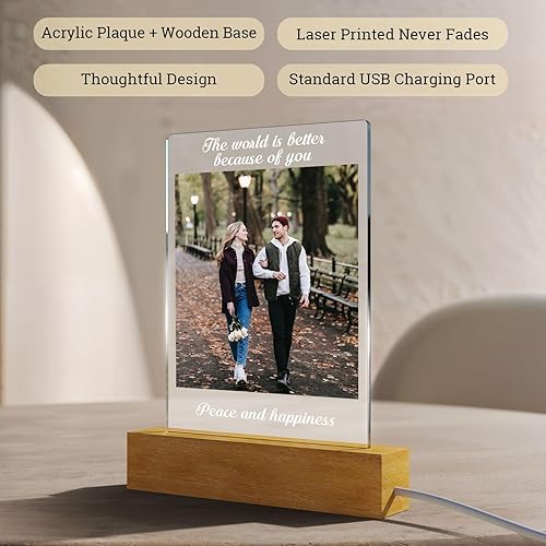 Miniatura 8 de Lámpara de fotos personalizada con luz LED 3D grabada con nombre y palabras, letrero de luz acrílica, soporte de madera, lámpara de mesa para mamá,