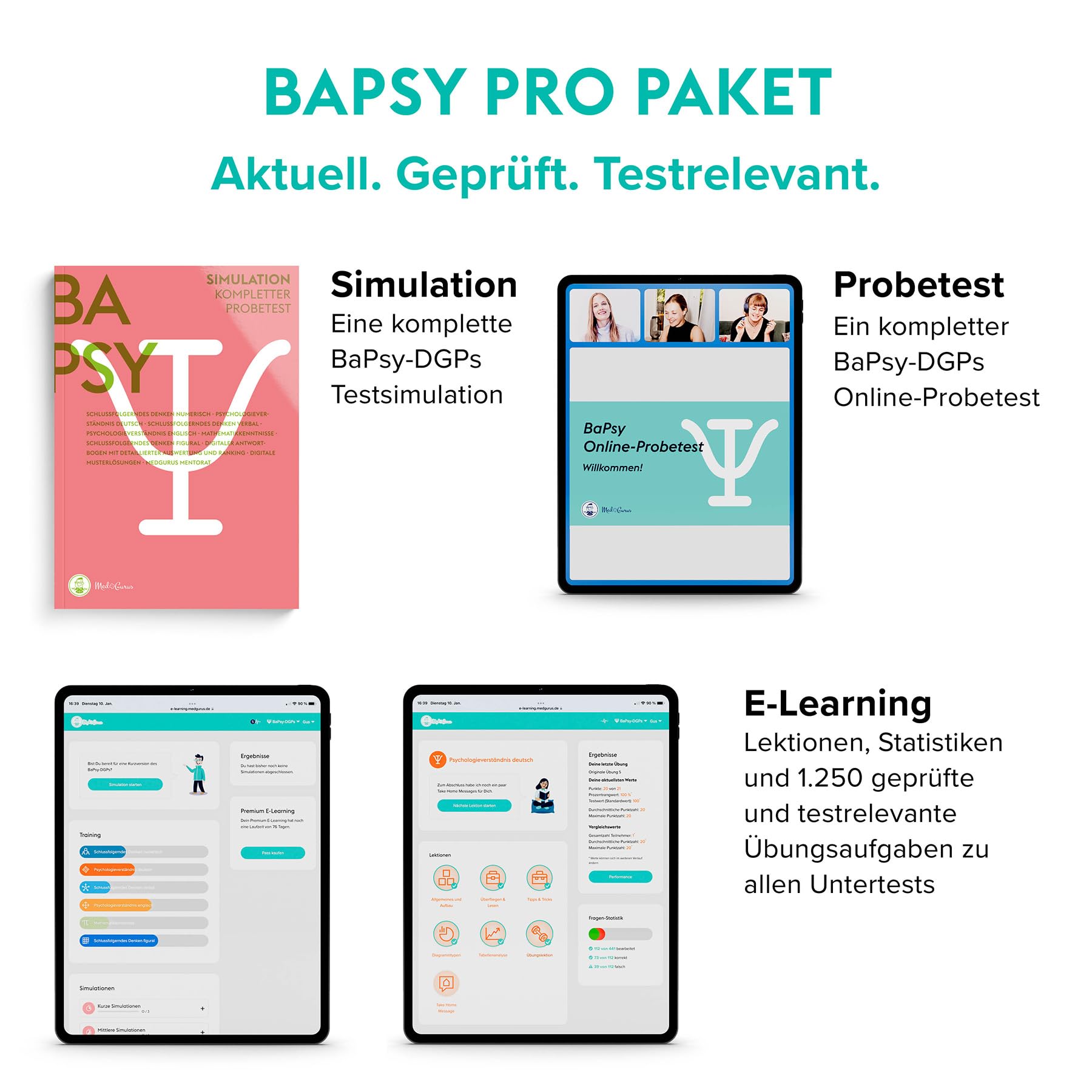 MedGurus BaPsy-DGPs Vorbereitung 2025 Pro Paket – Simulationsbuch, E-Learning mit über 1.250 Übungsaufgaben und Online-Probetest zur Vorbereitung auf den Studieneignungstest Psychologie