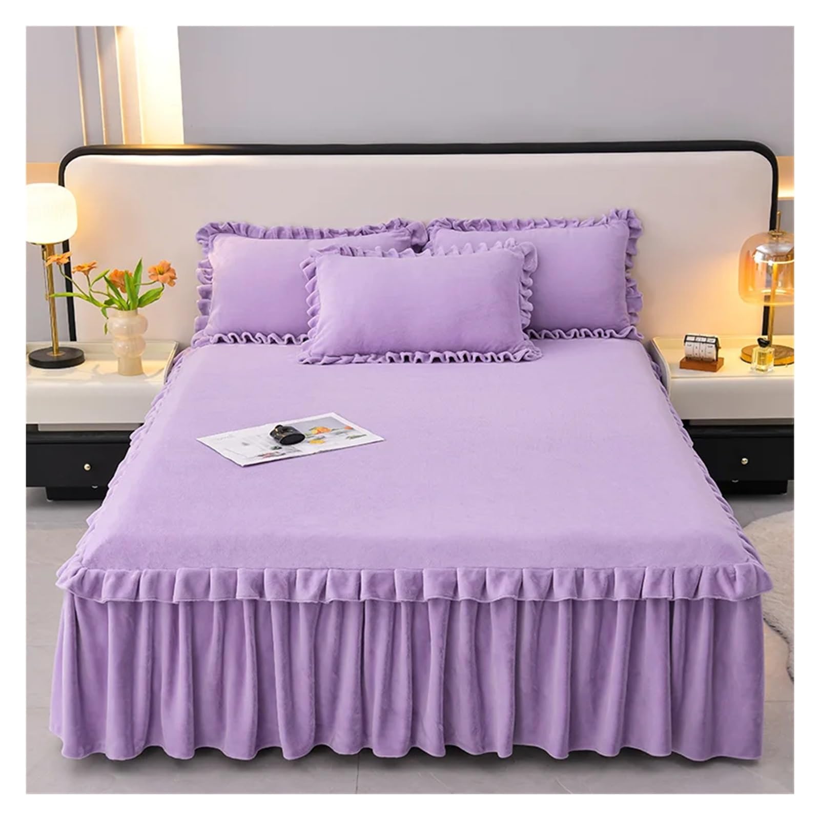 Bed Skirt Velvet Bedspread Ruffles Bed Cover Skin-friendly Mattress Protector Lace Bedsheet (No Pillowcase)(Meizi,King 180x220cm 1pc)