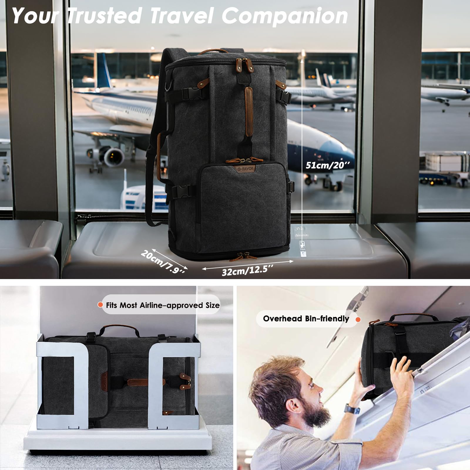G-FAVOR Rucksack Herren groß, 40L Reiserucksack Handgepäck Rucksack Canvas Travel Backpack für 15,6-17 Zoll Laptop, Flug Genehmigt für Reise Arbeit Freizeit Reisetasche