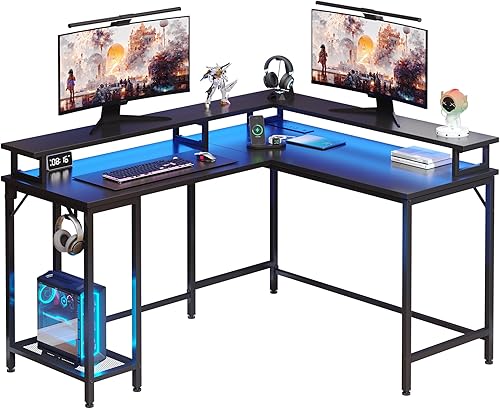 Miniatura 3 de Shintenchi Escritorio para computadora en forma de L de 46 pulgadas con luces LED y soporte para monitor, escritorio reversible para juegos con