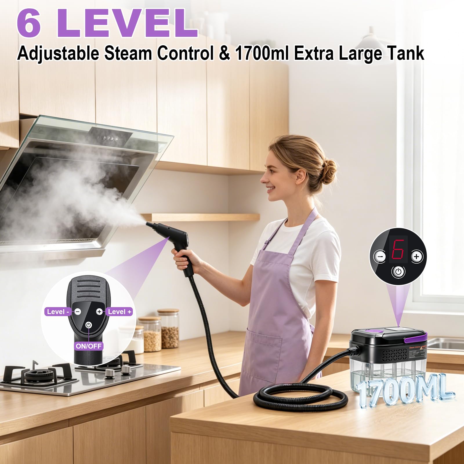 G-STORY Dampfreiniger für Zuhause und Auto – 1700ml großer Tank, 10S schnelles Aufheizen, tragbarer Dampfreiniger, 6 Stufen einstellbar, 16 Zubehörteile für Küche, Bad, Auto, Sofa, Fliesen, Boden