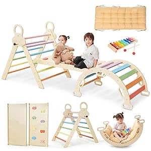 Saryocy Pikler Triangle Set for Kids, 8 in 1 Colorful Montessori Large Climbing Toys for Toddlers 1-6 Inside with Ramp, Arch and Foldable Triangle, Wooden Child Indoor Playground