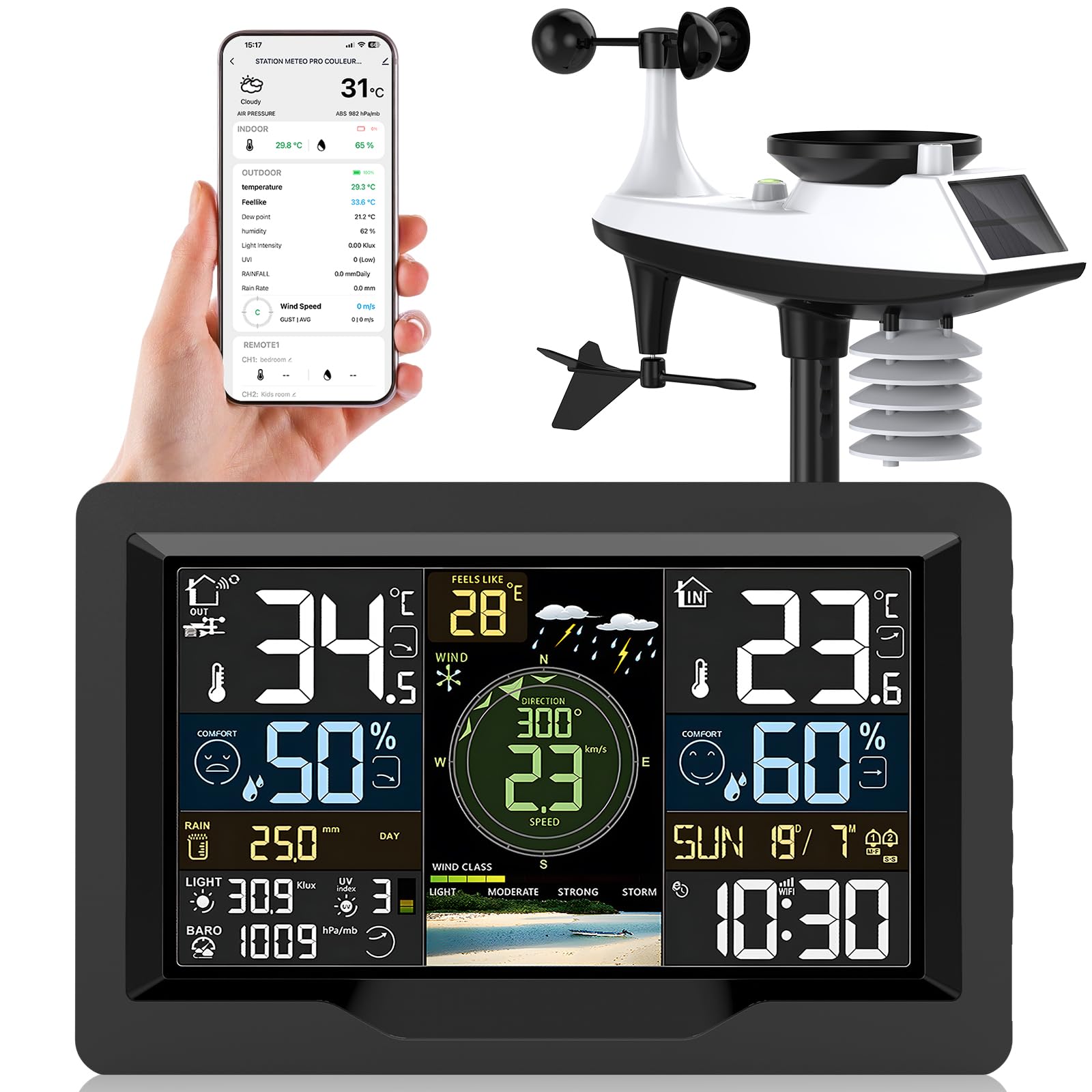 jely Estacion Meteorologica Wifi con APP Estación Meteorológica Interior y Exterior Termometro Higrómetro con Sensor Exterior, Pluviómetro, Anemómetro, Termómetro, Higrómetro, Pronóstico del Tiempo