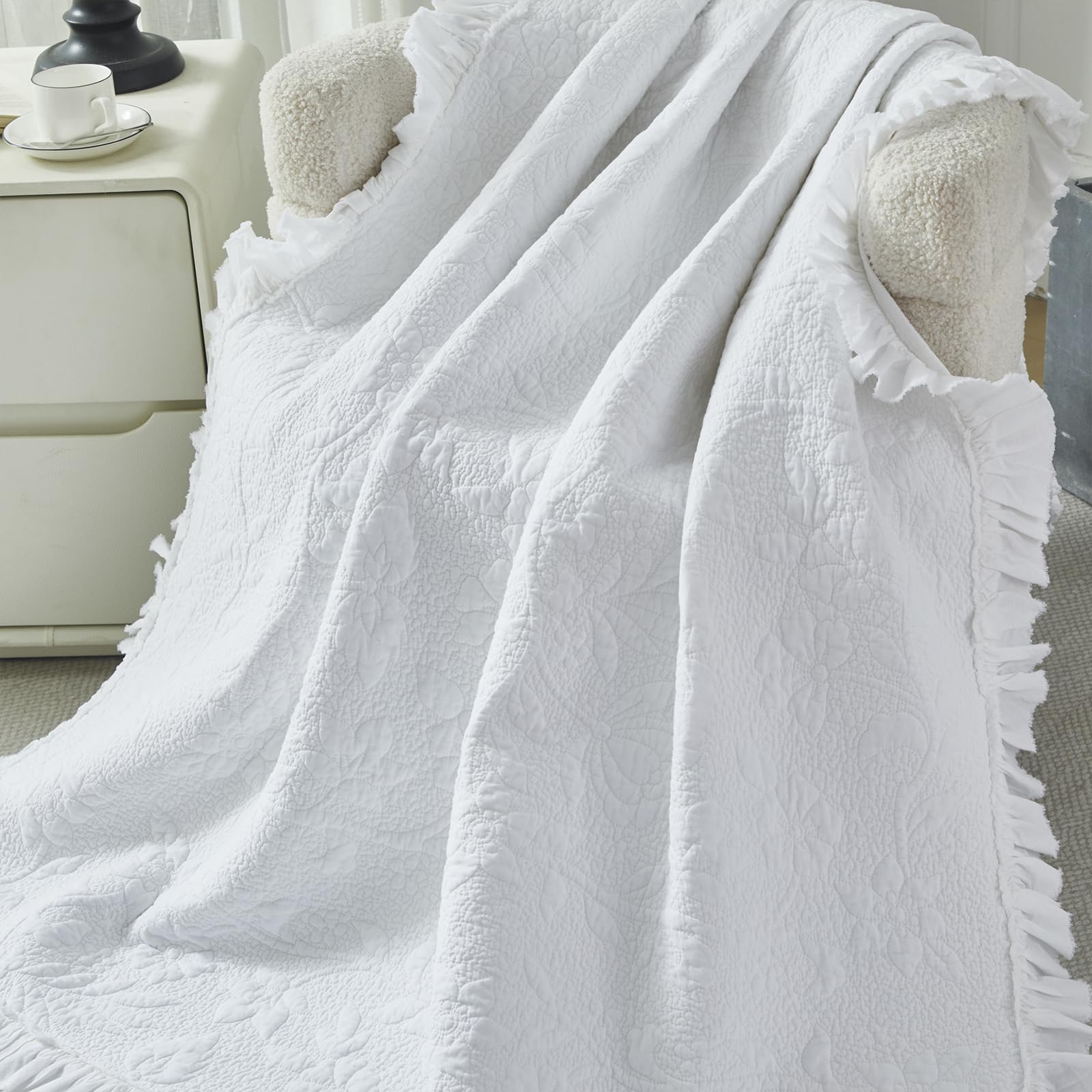 Brandream White Ruffle Quilted Throw Blanket Cotton Throws for Bed Couch Daybed 47 X 60 Inch Decorative Blankets