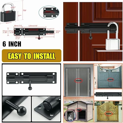 Miniatura 6 de Alise Pestillo de puerta deslizante con candado, pernos de barril resistentes de 6 pulgadas, herrajes de puerta de doble cara para valla de madera,