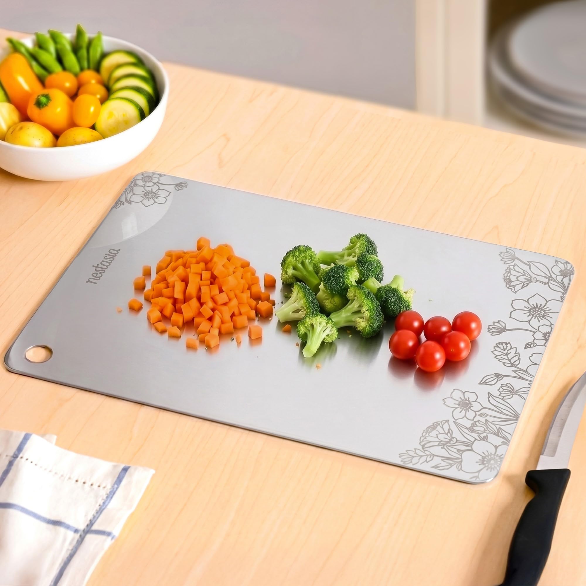 Nestasia Stainless Steel Chopping Board for Kitchen (35cm x 25cm) - Floral Engraved Steel Cutting Board for Chopping Fruits & Vegetables | 100% Food Safe, Rust Resistant & Dishwasher Safe