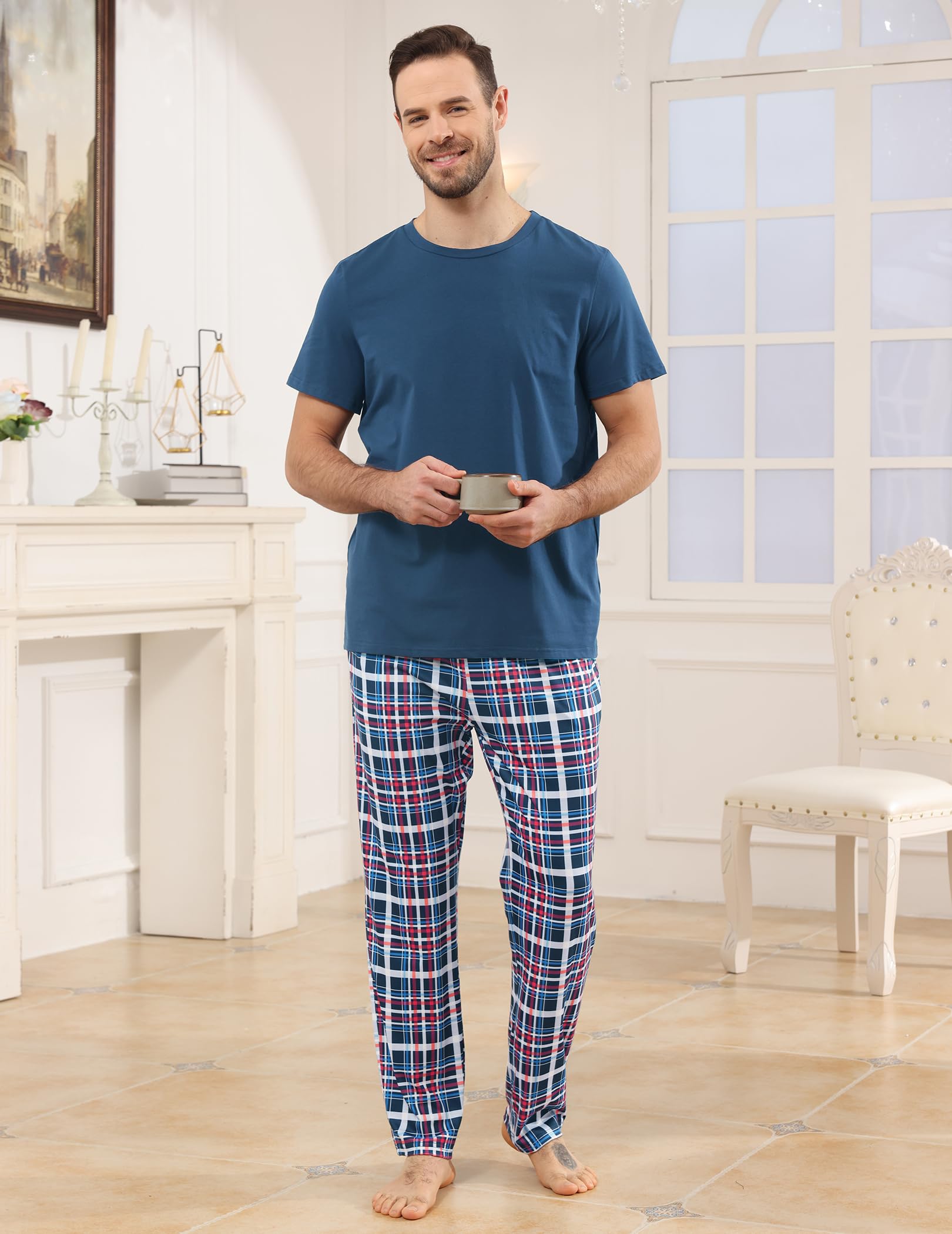 Pijama Hombre Largo Algodon Verano, Dos Piezas Ropa de Dormir, Conjunto Camiseta Manga Corta y Pantalones de Cuadros con Bolsillos, Ropa de Casa Suave Cómodo S-XXL