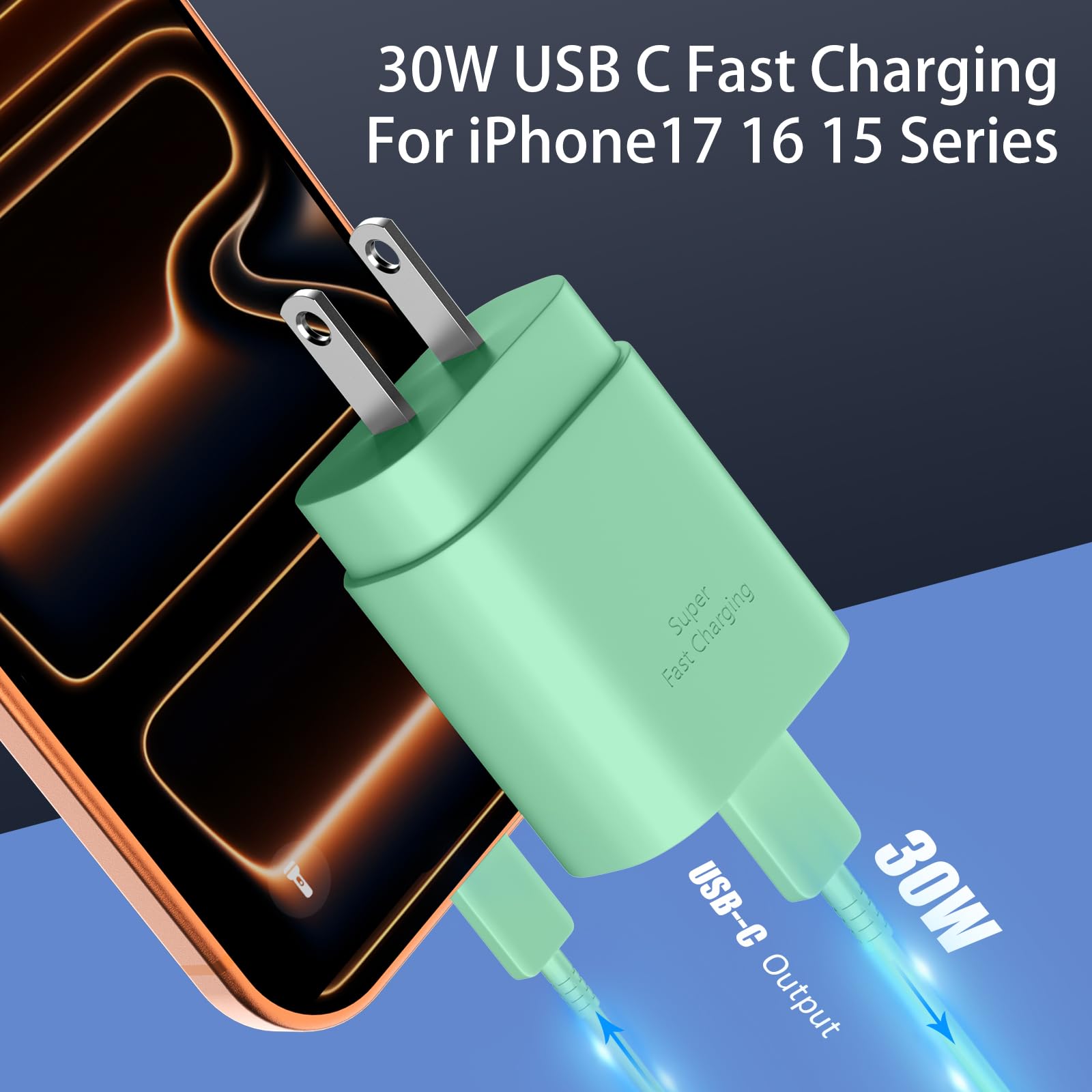 Phone 15 Pra Max - Caricabatterie rapido da 30 W, USB C Phone 15 e cavo di tipo C lungo 3 m per telefono 15/15 Pro Max/15 Pro/15 Plus/Pro 12,9/11", S24 Ultra, verde