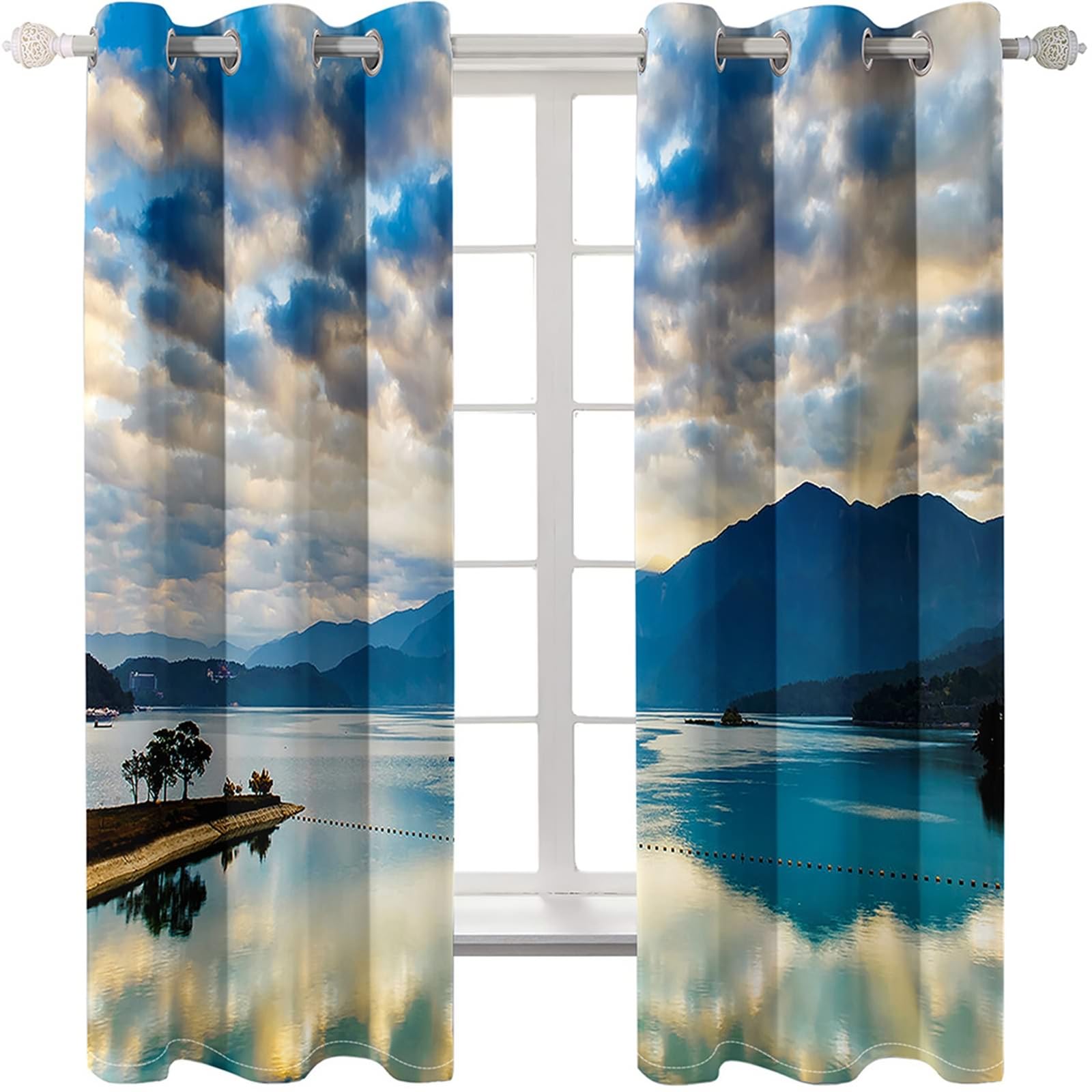 Vorhänge mit Ösen 2er Set, Gardinen Landschaft See und Berg H 160 x B 107 cm Blickdicht Verdunklungsvorhänge für Wohnzimmer