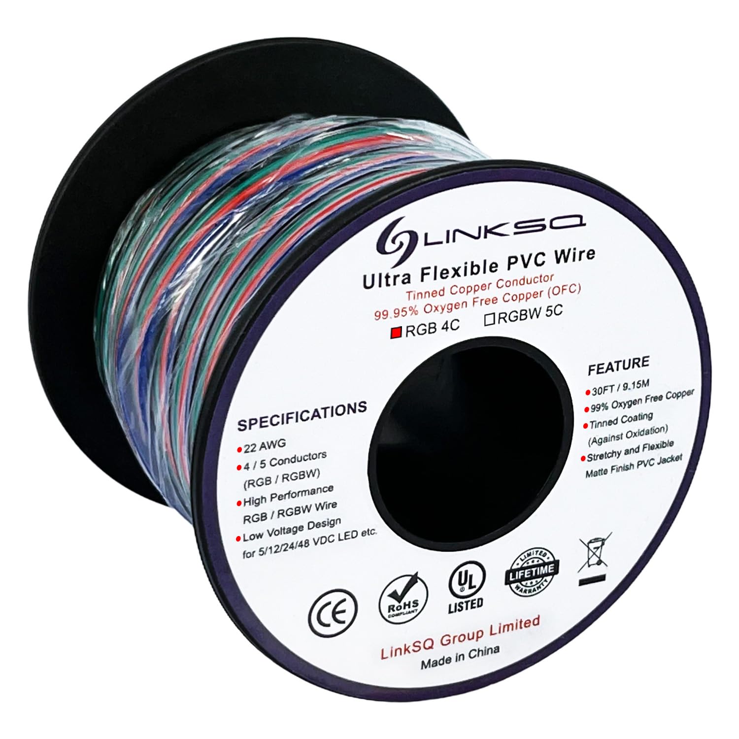 LINKSQ UL1007 30FT 22 Gauge 4 Conductors RGB Stranded Electrical Wire, Tinned Oxygen Free Copper 4 Wire, 22 AWG RGB Wire, Low Voltage Wire for RGB LED Light Strip