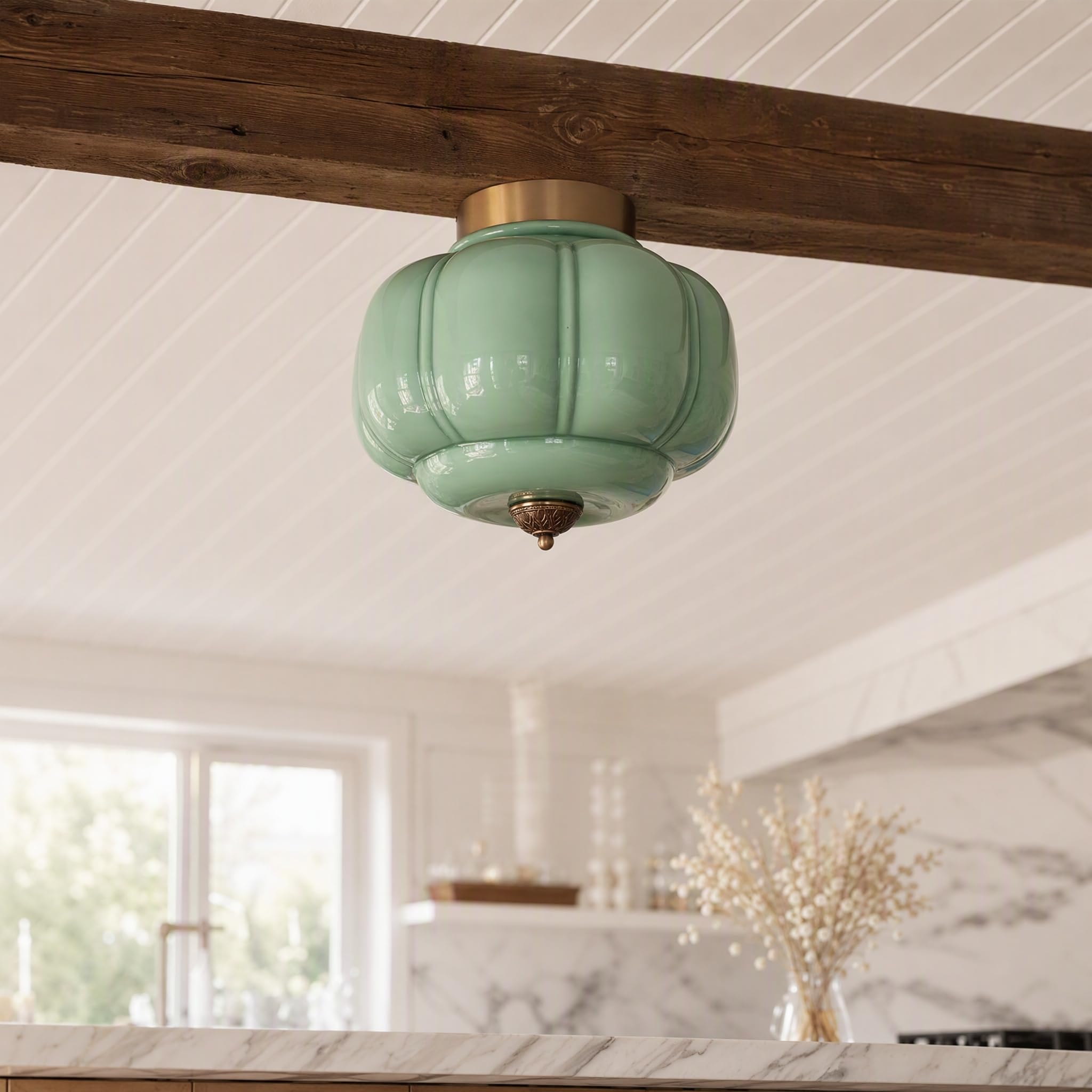 HvKvHvY Milk Glass Ceiling Pendant Light Fitting,E27 Vintage Lamp,Adjustable Ceiling Lamp,(06 Green and Gold,15in)