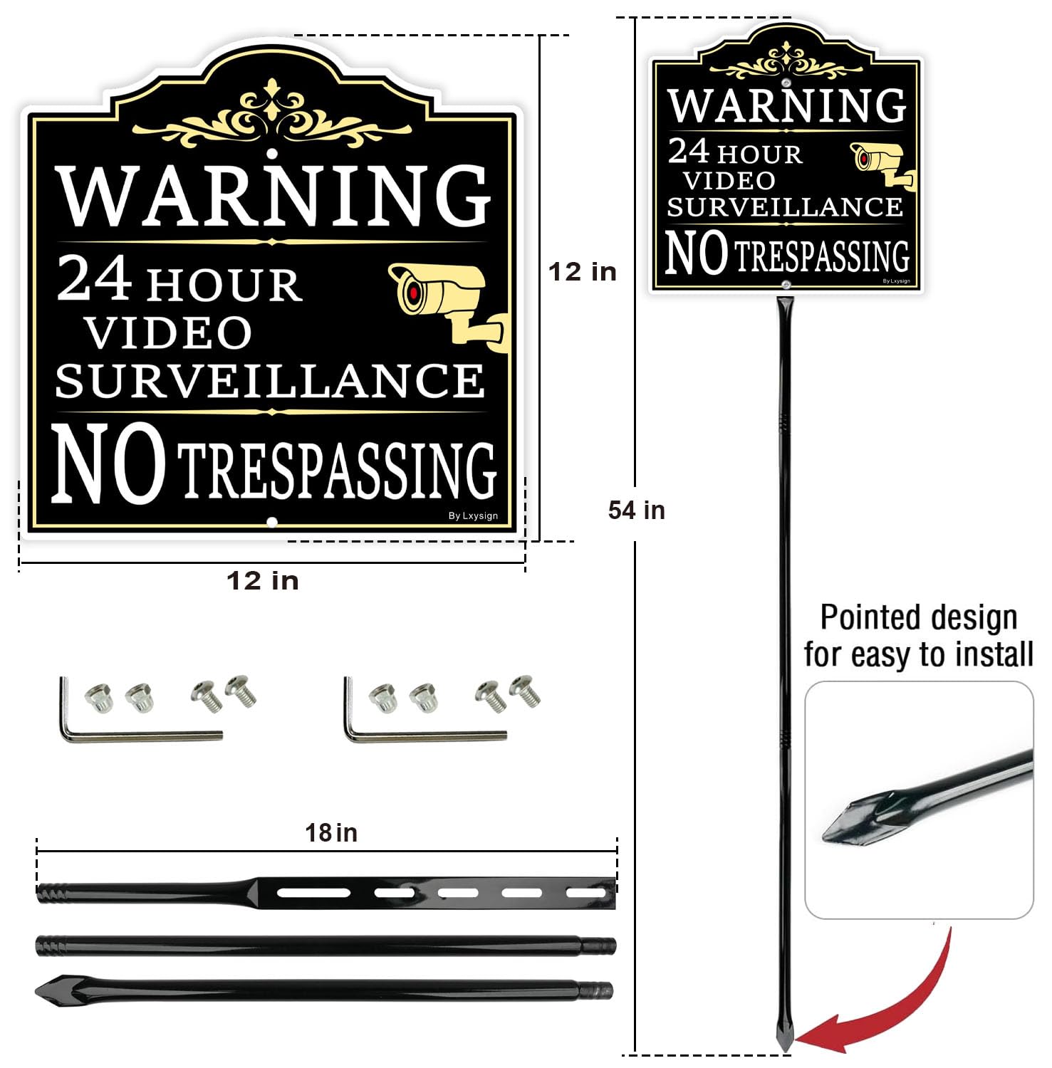 Señal de advertencia de videovigilancia sin traspasar, color negro y dorado, aluminio de 12 x 12 pulgadas, paquete de 2 con estacas de metal de 54 pulgadas de alto, señales de seguridad CCTV