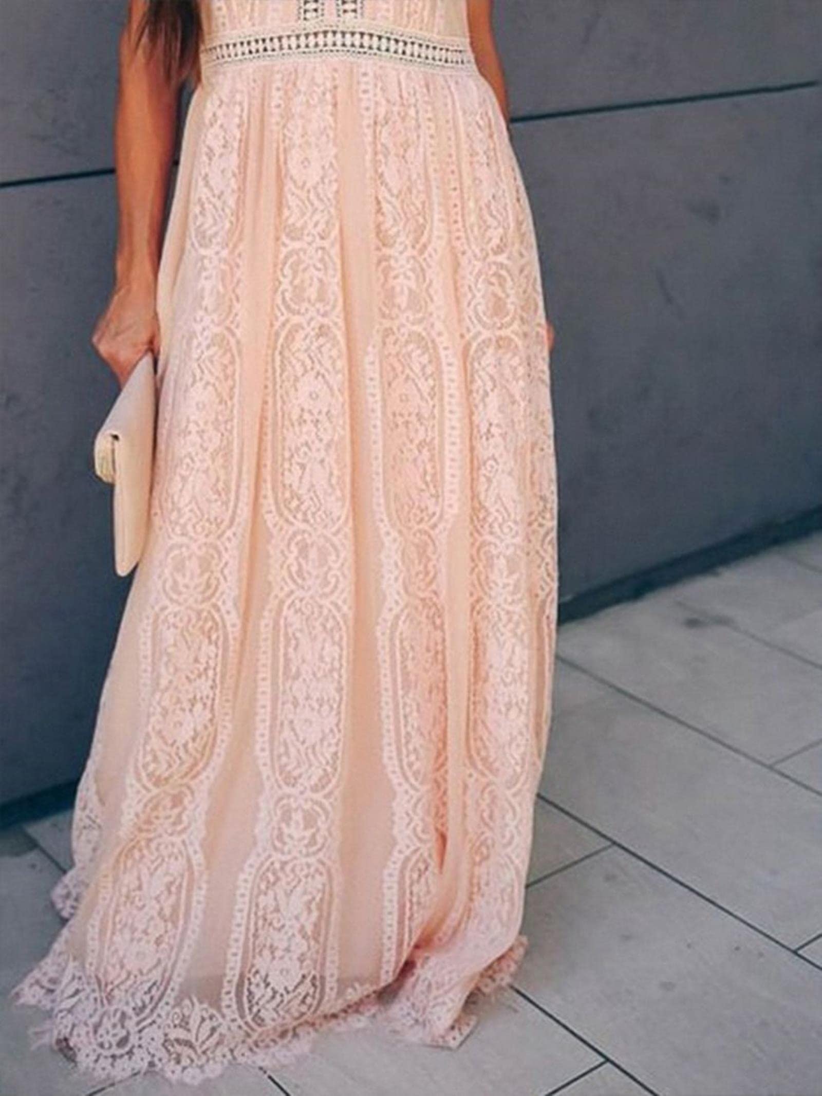 Vestido Largo De Encaje Mujer Sexy Cuello En V Manga Corta Ahueca hacia Fuera Vestido De Novia De Encaje Floral Fiesta Boho Maxi Vestido Blanco Robe Femme-Beige,M