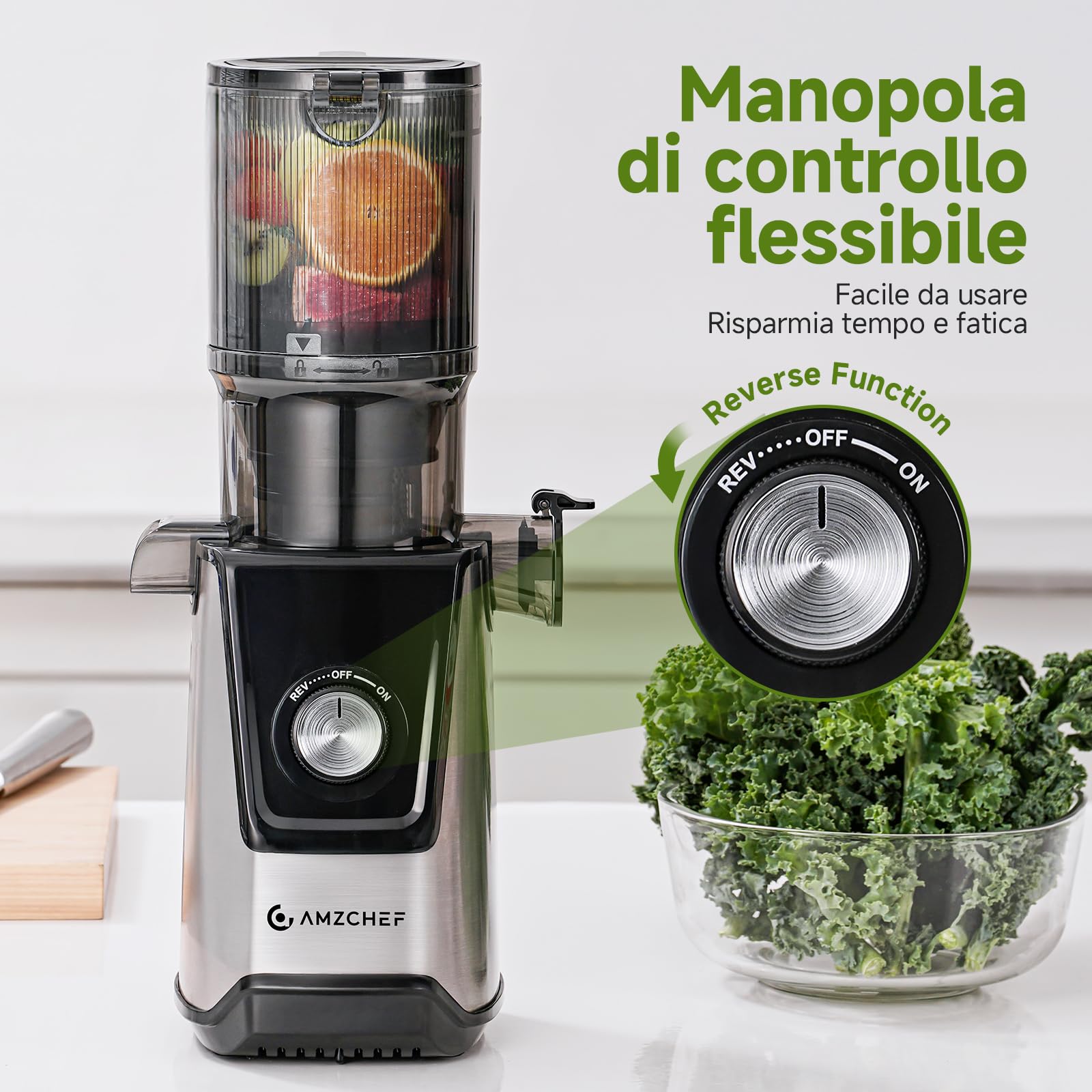 AMZCHEF Estrattore di Succo Lento 118mm Scivolo Largo – Silenzioso, Filtro Doppio, Funzione Inversa – Estrattore Frutta e Verdura Facile da Pulire