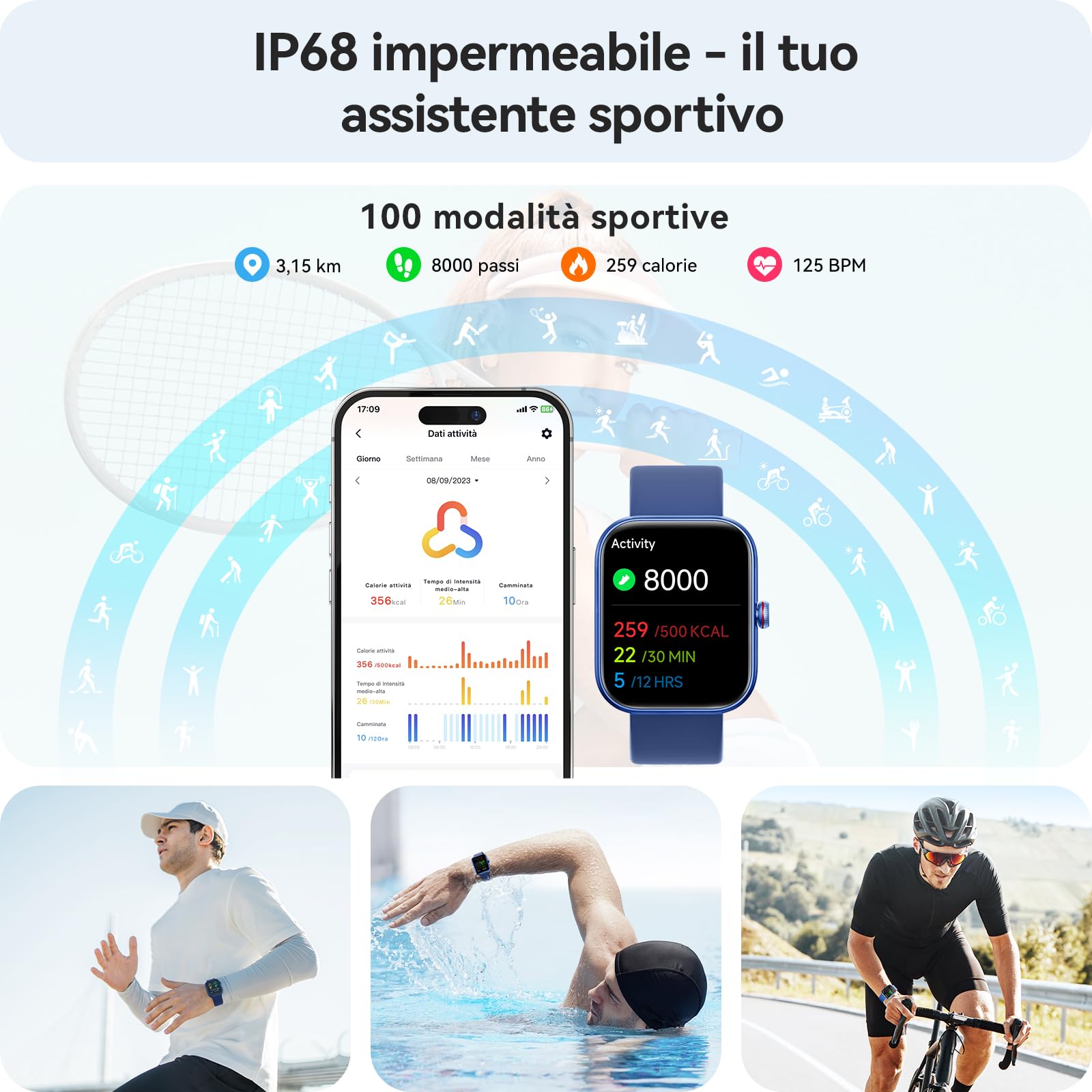 Smartwatch Uomo Donna, 1.91" Orologio Smartwatch con Chiamate Bluetooth e Alexa, Fitness Tracker con Contapassi, Cardiofrequenzimetro/Sonno/SpO2/110 Sportive, IP68 Smart Watch per Android iOS Blu