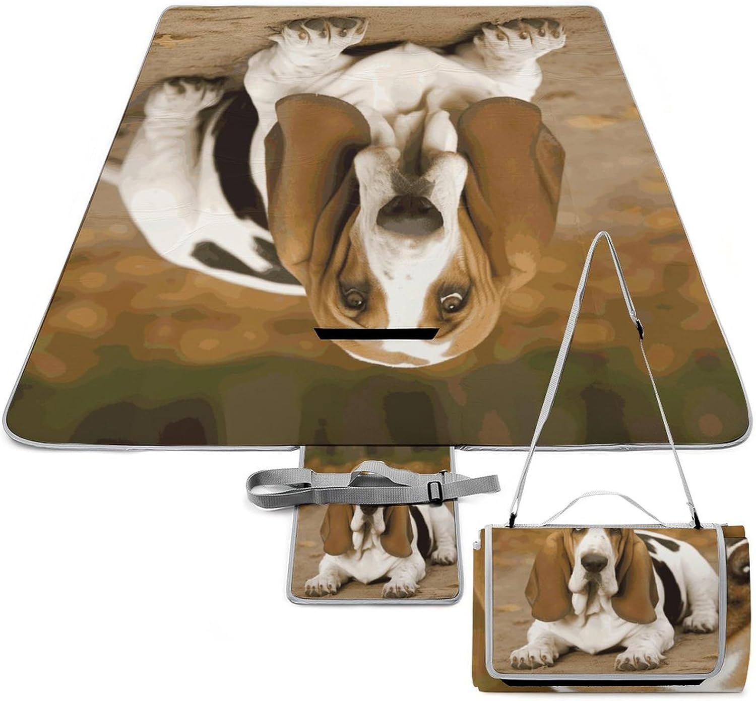 Basset Hound Waterproof Picnic Blanket 58.3''x58.3'',Portable and Foldable Picnic Mat with Handle,Outdoor Blankets for Lawn Park Beach Travel