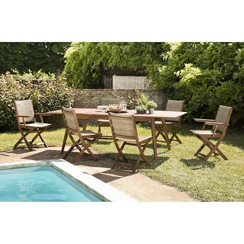 MACABANE Victoire - Salon DE Jardin en Bois 8/10 pers 1 Table rect. Extensible - 4 chaises 2 fauteuils pliants et rotin synthétique Cover