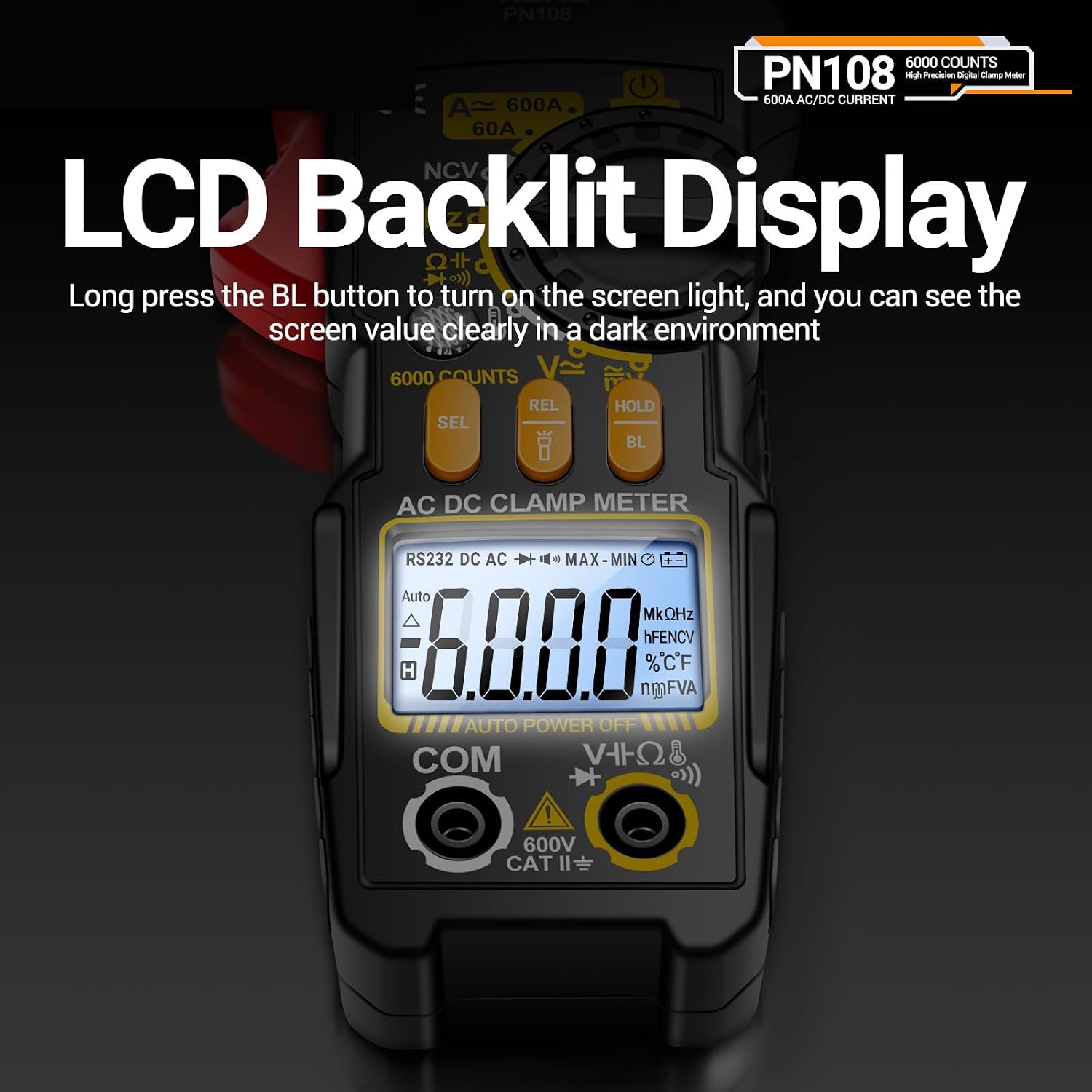 Close-up of the ANENG PN108's LCD display with backlight activated