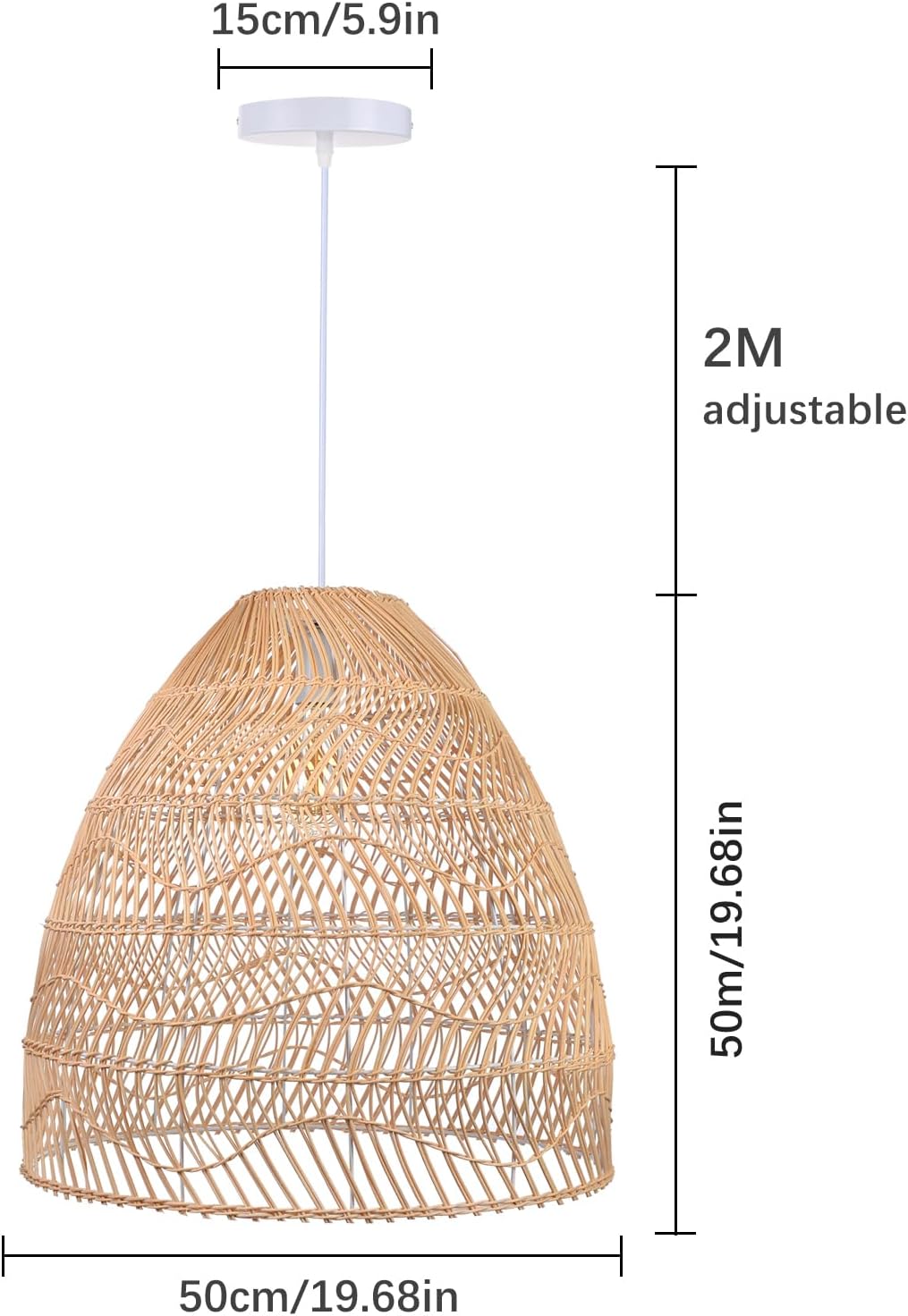 Arturesthome 19.6"*19.6" Rattan Pendant Light Fixture, Wicker Chandelier Boho Basket Dining Ceiling Lighting, Large Natural Woven Hanging Lamp for Kitchen Island Sink