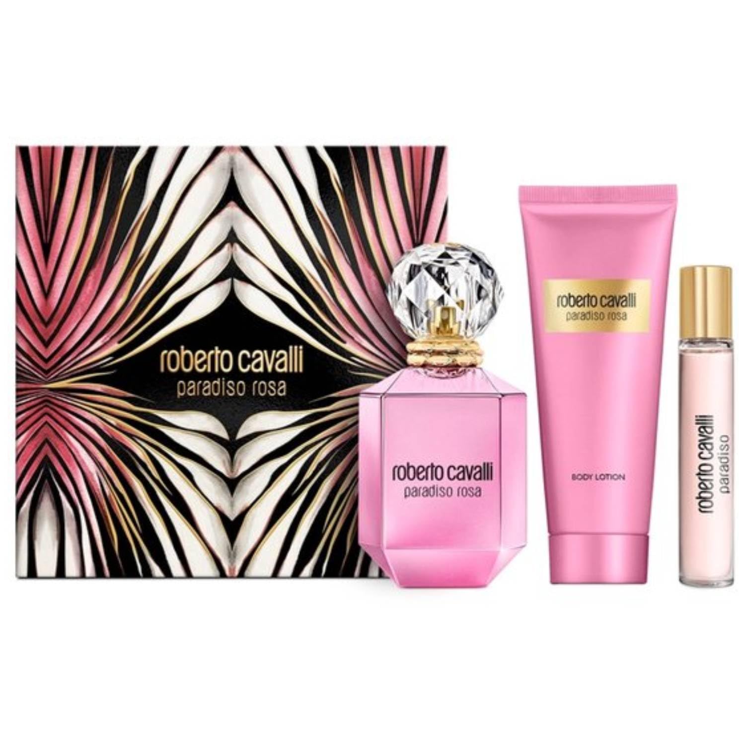 Roberto Cavalli Paradiso Rosa Eau de Parfum 75 ml, Geschenkbox für Damen mit Reiseduft 15 ml und Körpercreme 100 ml