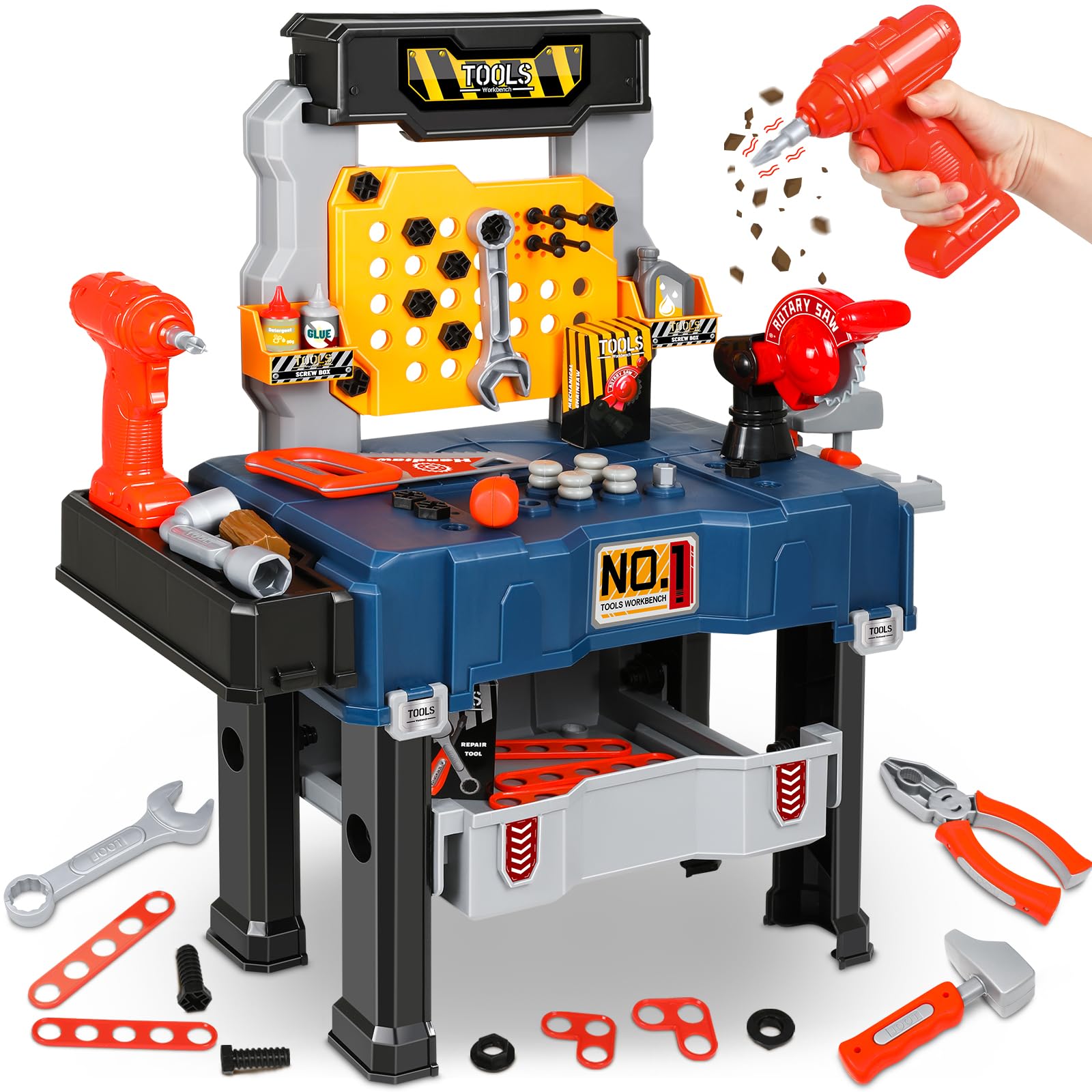 Kids Tool Set with Workbench Realistic Tool Pretend Play Toys for 4+Year  Old Boy Toys Electric Drill Transformable Construction Learning Toy Work