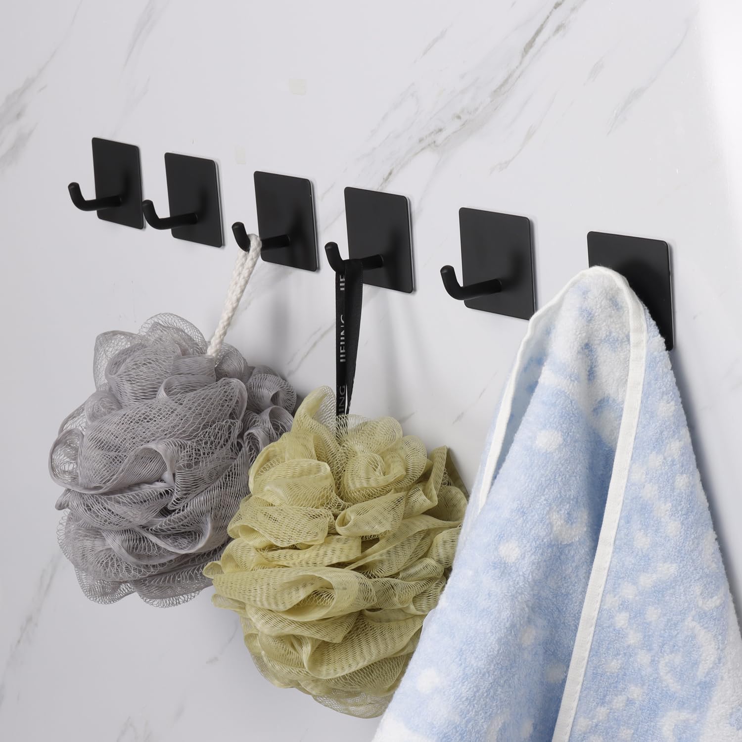 Bath Towel Hooks - 10 Pack Strong Self Adhesive Coat/Clothes Hooks, No Drilling Sticky Hooks, Heavy Duty 304 Stainless Steel Shower Wall Hook for Bathroom Kitchen Bedroom(Matte Black)