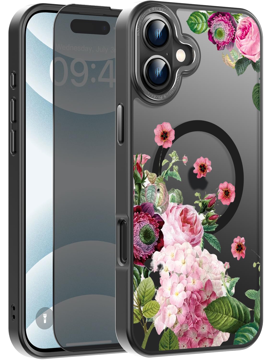 Goodon for iPhone 16 Case with Privacy Screen Protector, Compatible with Magsafe, Shockproof Translucent Matte Cover - Cute Floral Design Phone Case
