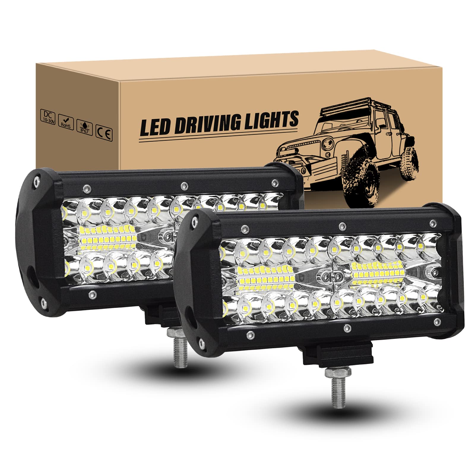 RIGIDON 2Pcs 18cm 120W Faro da Lavoro LED, Fari LED Auto 12V 24V Impermeabile Fuoristrada Barra per Offroad SUV ATV UTV Camion Trattore, 6000K Bianca Fendinebbia Lampada Luci di Guida