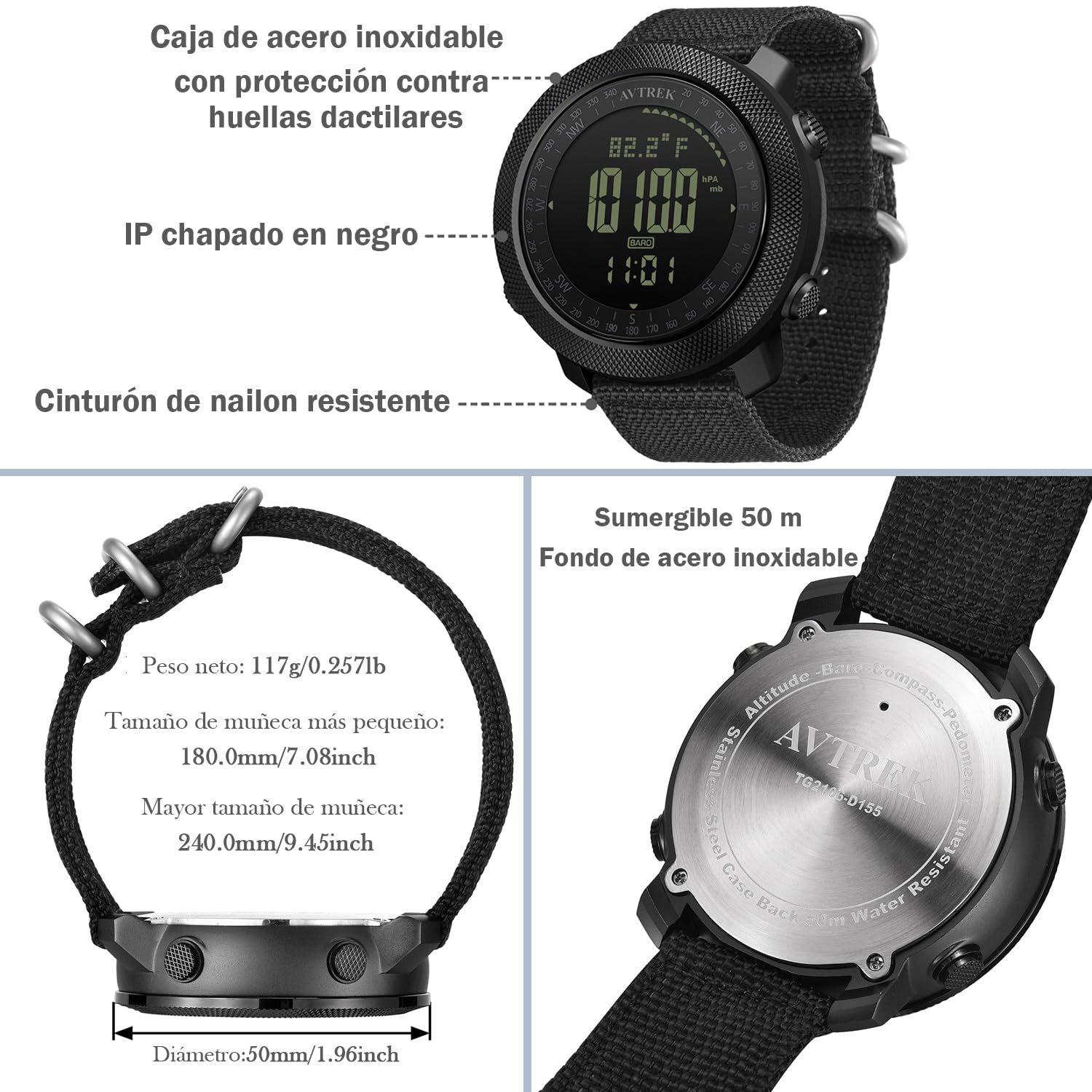 AVTREK Orologio tattico di sopravvivenza da uomo, ideale per attività all'aria aperta come escursionismo, nuoto e esercito. Dispone di altimetro, barometro e bussola digitale