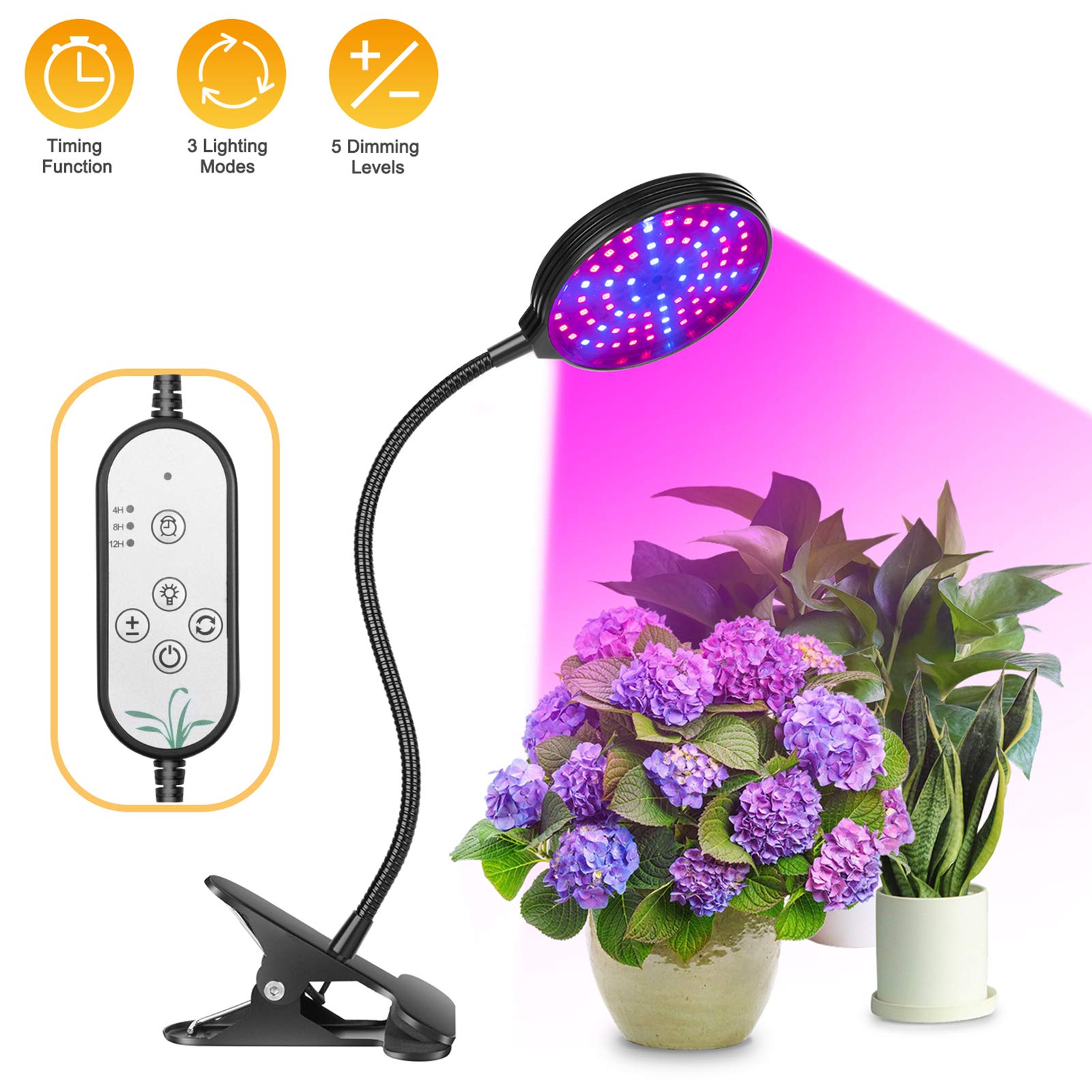 Irfora LED Grow Light para plantas de interior, 60 W, 4 cabezales de LED rojos y azules, encendido y apagado automático con temporizador de 4/8/12H, 3 modos de luz, 5 niveles de brillo, IP66,