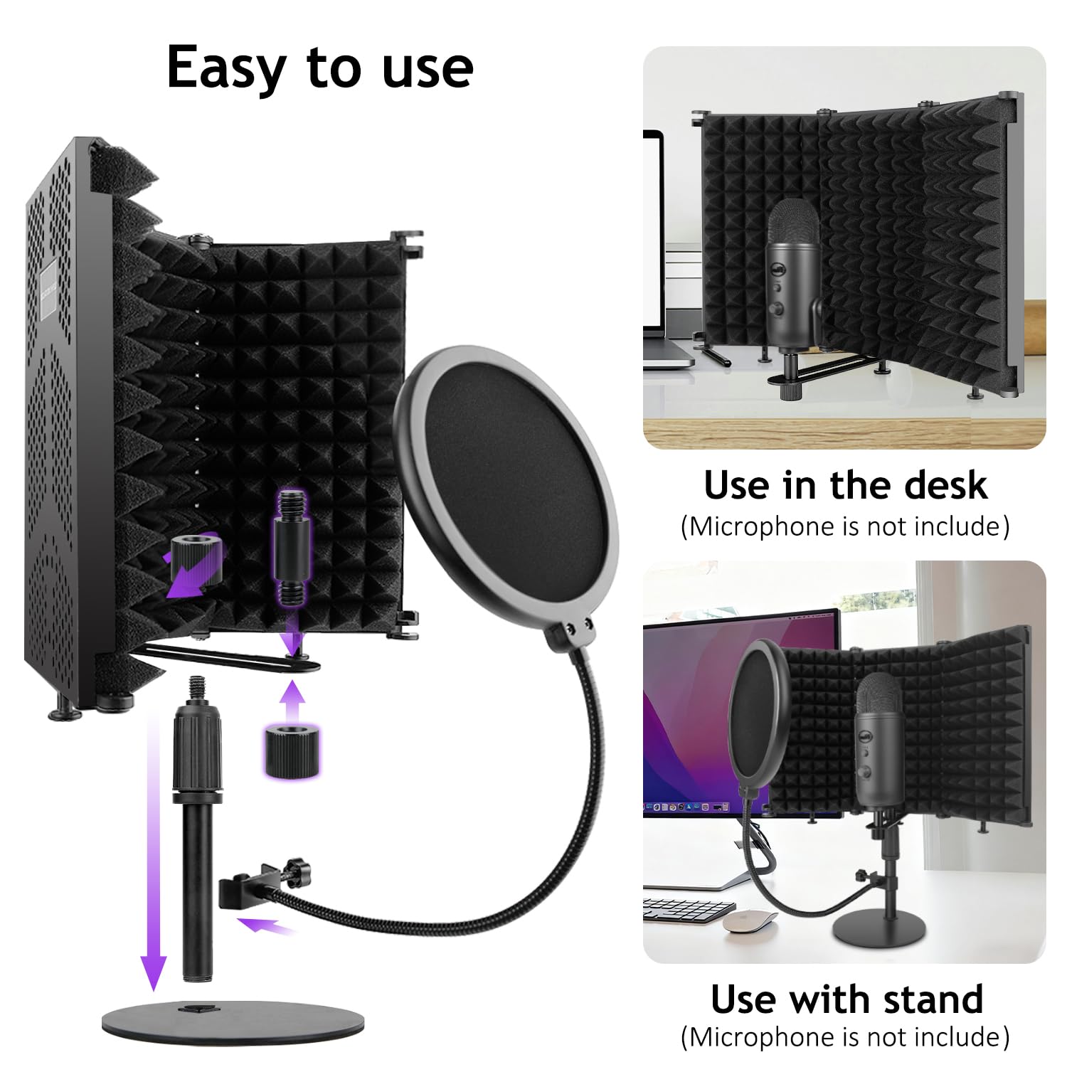 Mikrofon-Isolationsschild mit Pop-Filter und Mikrofonständer, schalldichter Mikrofon-Isolationsschirm, hochdichter, saugfähiger Schaumstoff-Mikrofonständer für Aufnahmestudio,